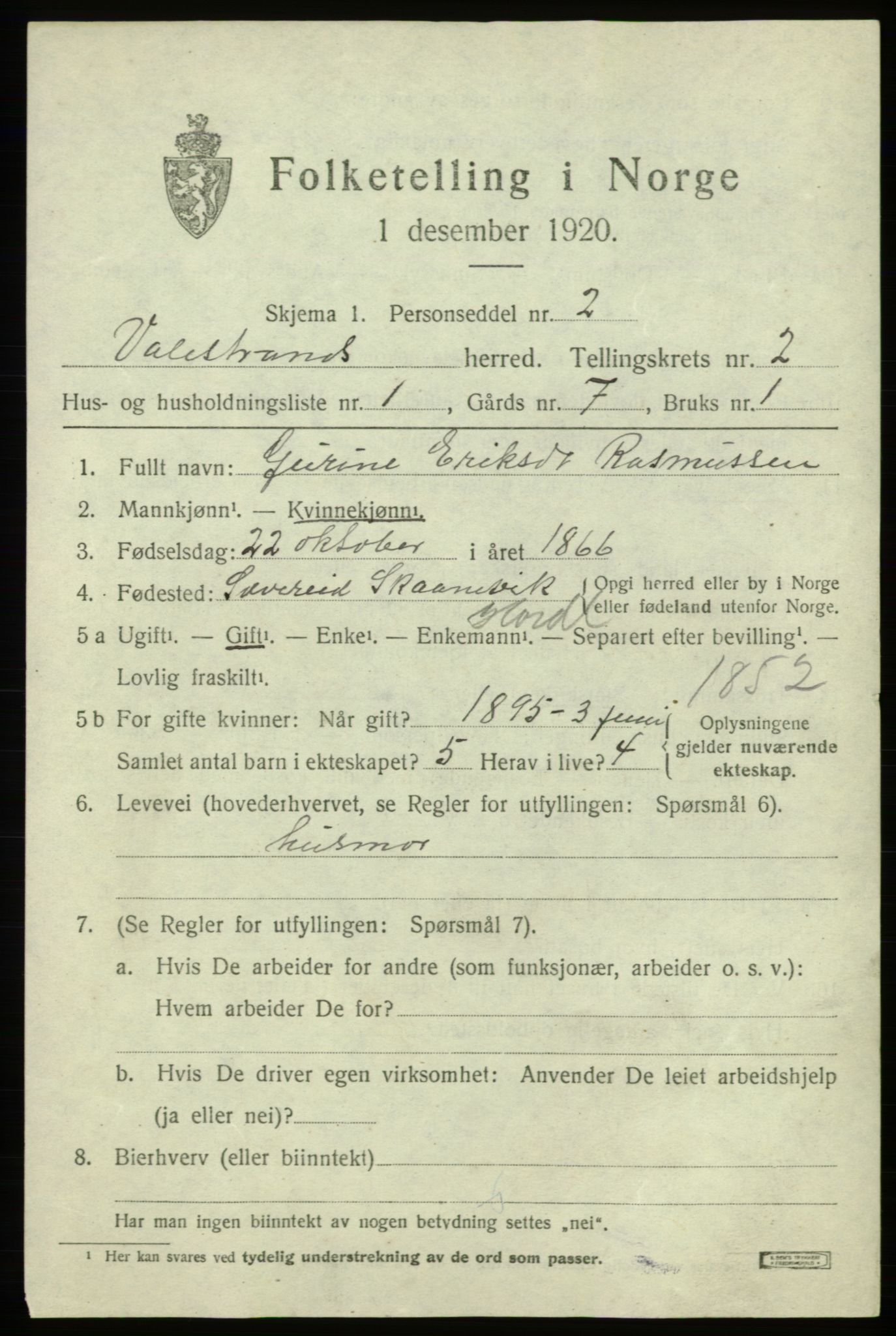 SAB, 1920 census for Valestrand, 1920, p. 817