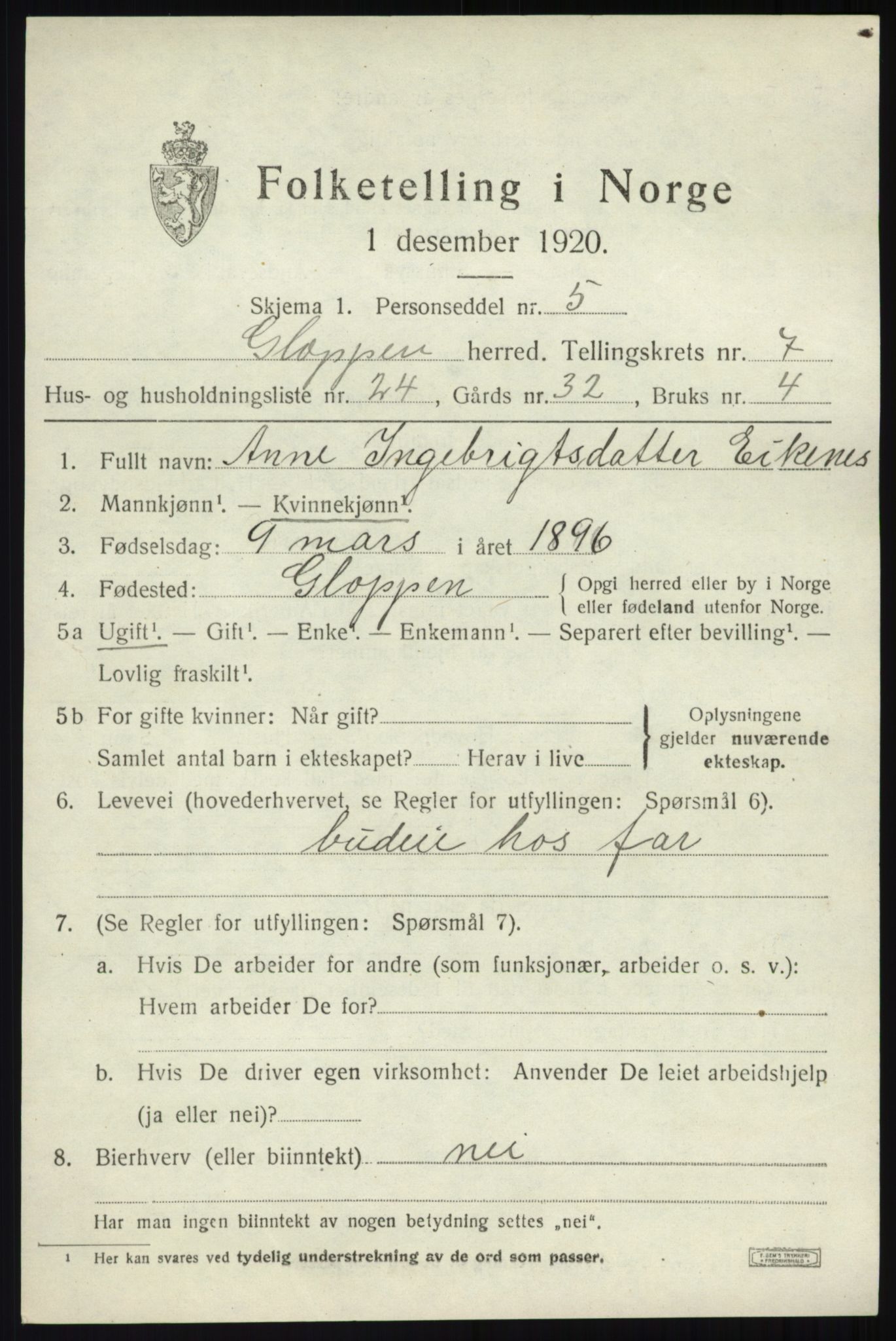 SAB, 1920 census for Gloppen, 1920, p. 4384