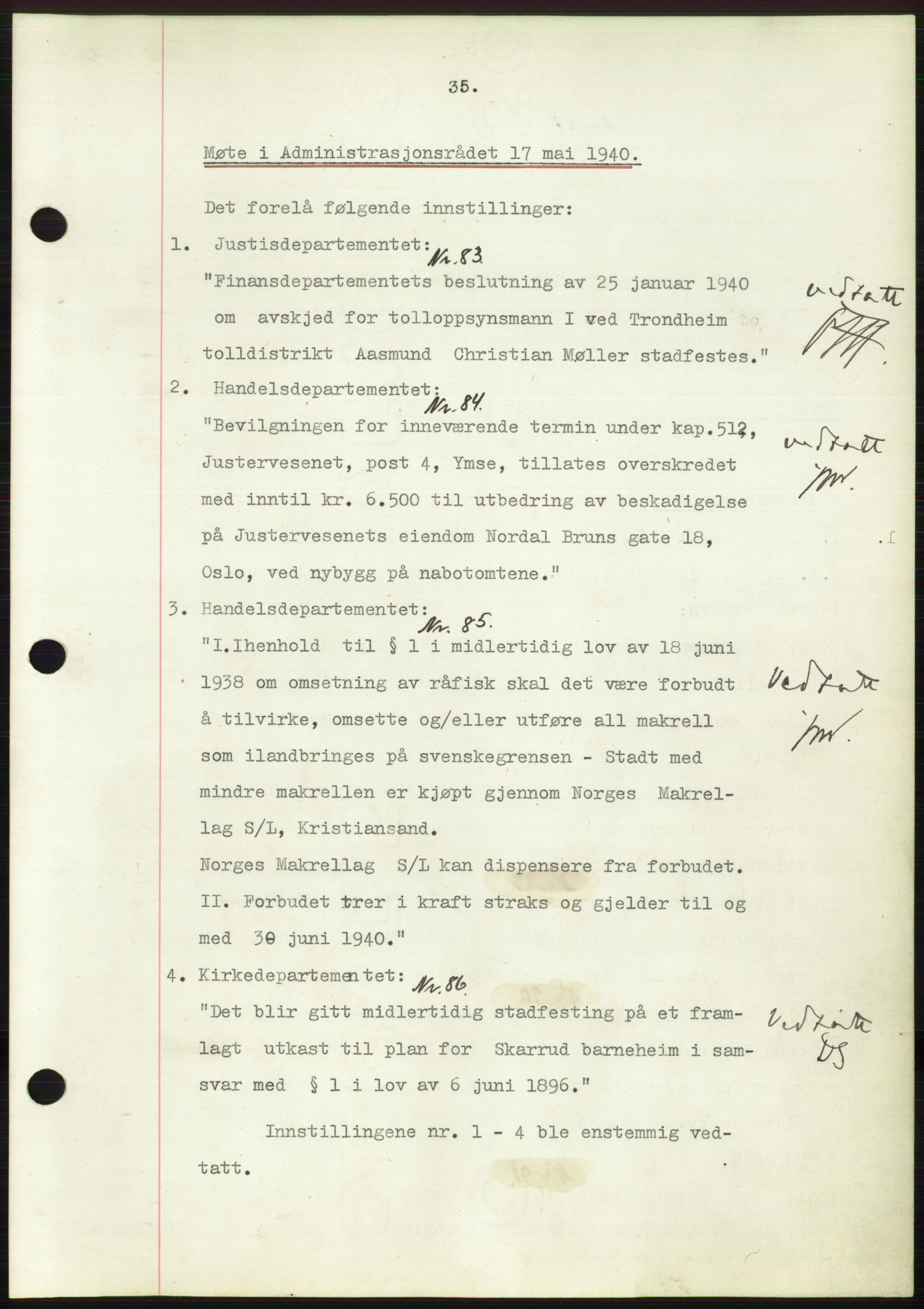Administrasjonsrådet, RA/S-1004/A/L0002: Vedtaksprotokoll 16/4-25/9, 1940, p. 39