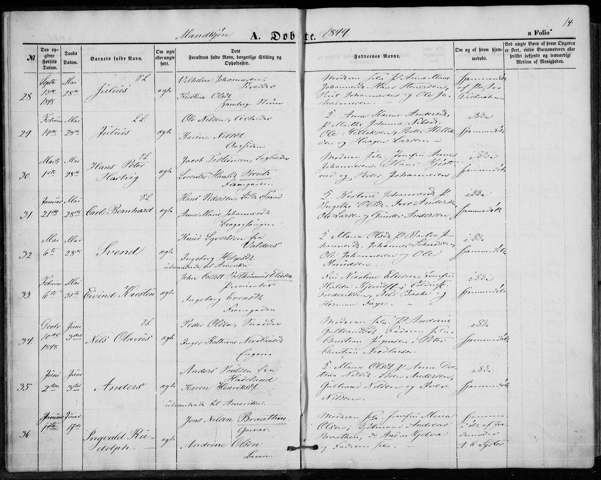 Bragernes kirkebøker, SAKO/A-6/F/Fb/L0002: Parish register (official) no. II 2, 1848-1859, p. 14