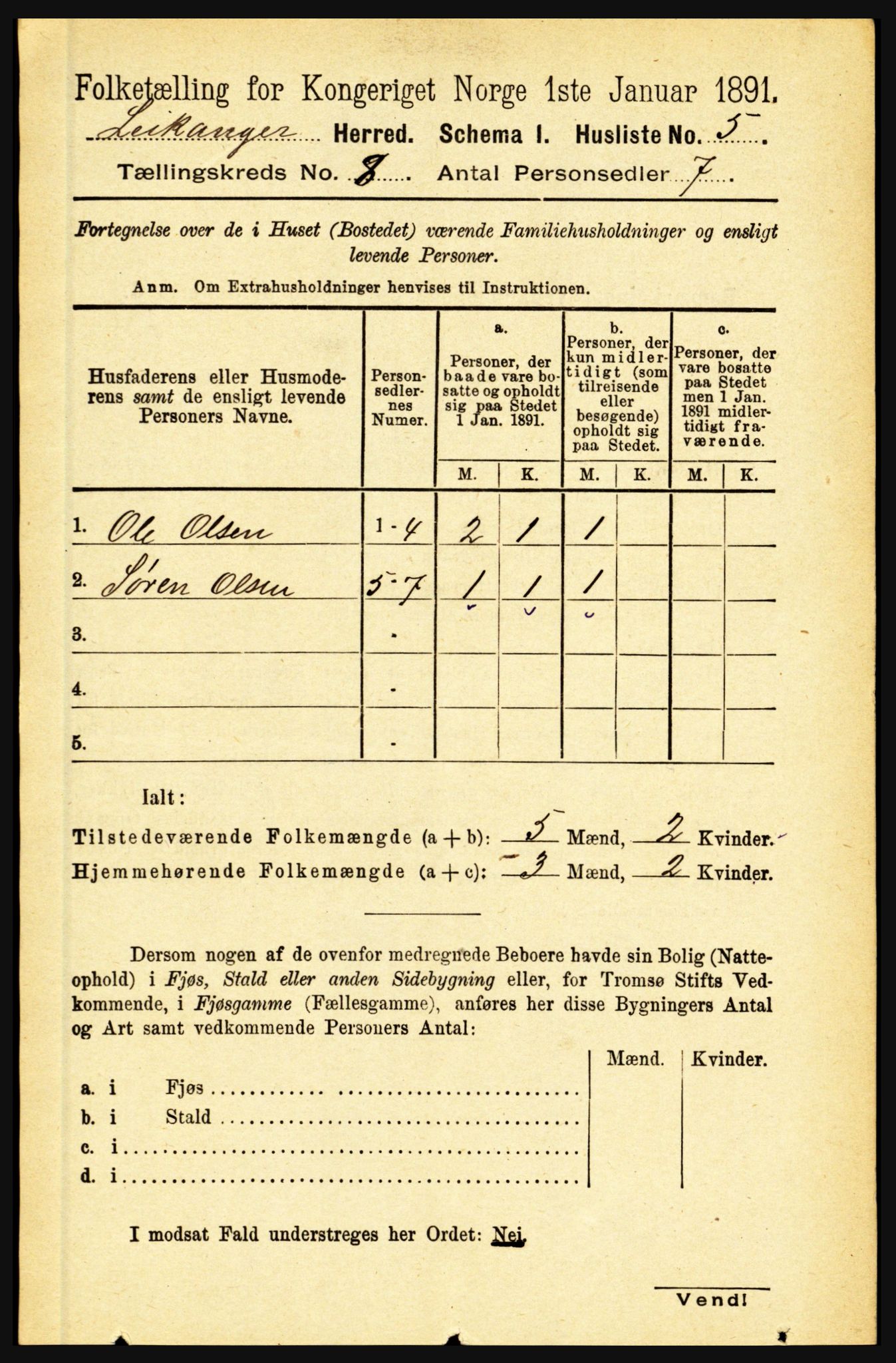 RA, 1891 census for 1419 Leikanger, 1891, p. 1564