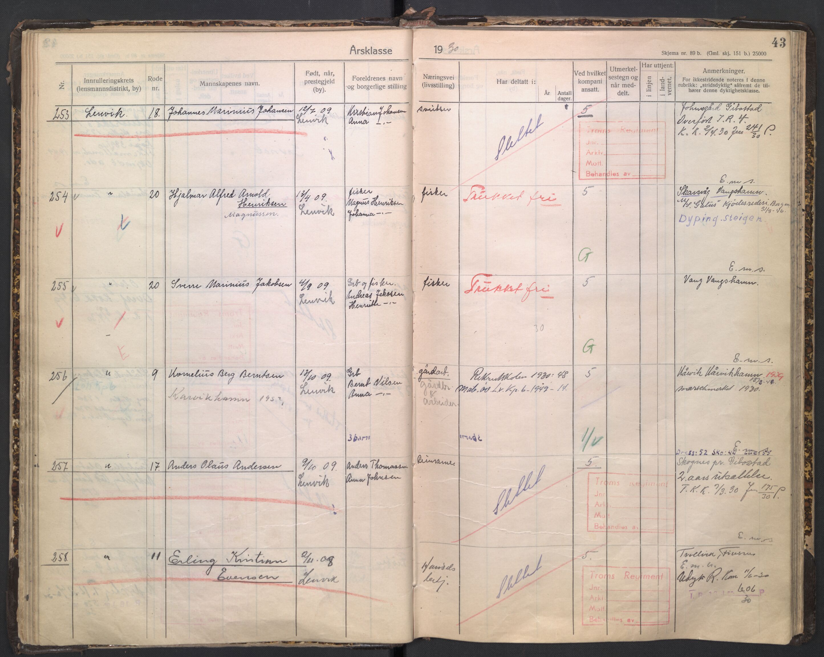 Forsvaret, Troms infanteriregiment nr. 16, AV/RA-RAFA-3146/P/Pa/L0005/0003: Ruller / Rulle for regimentets stridende menige mannskaper, årsklasse 1930, 1930, p. 43