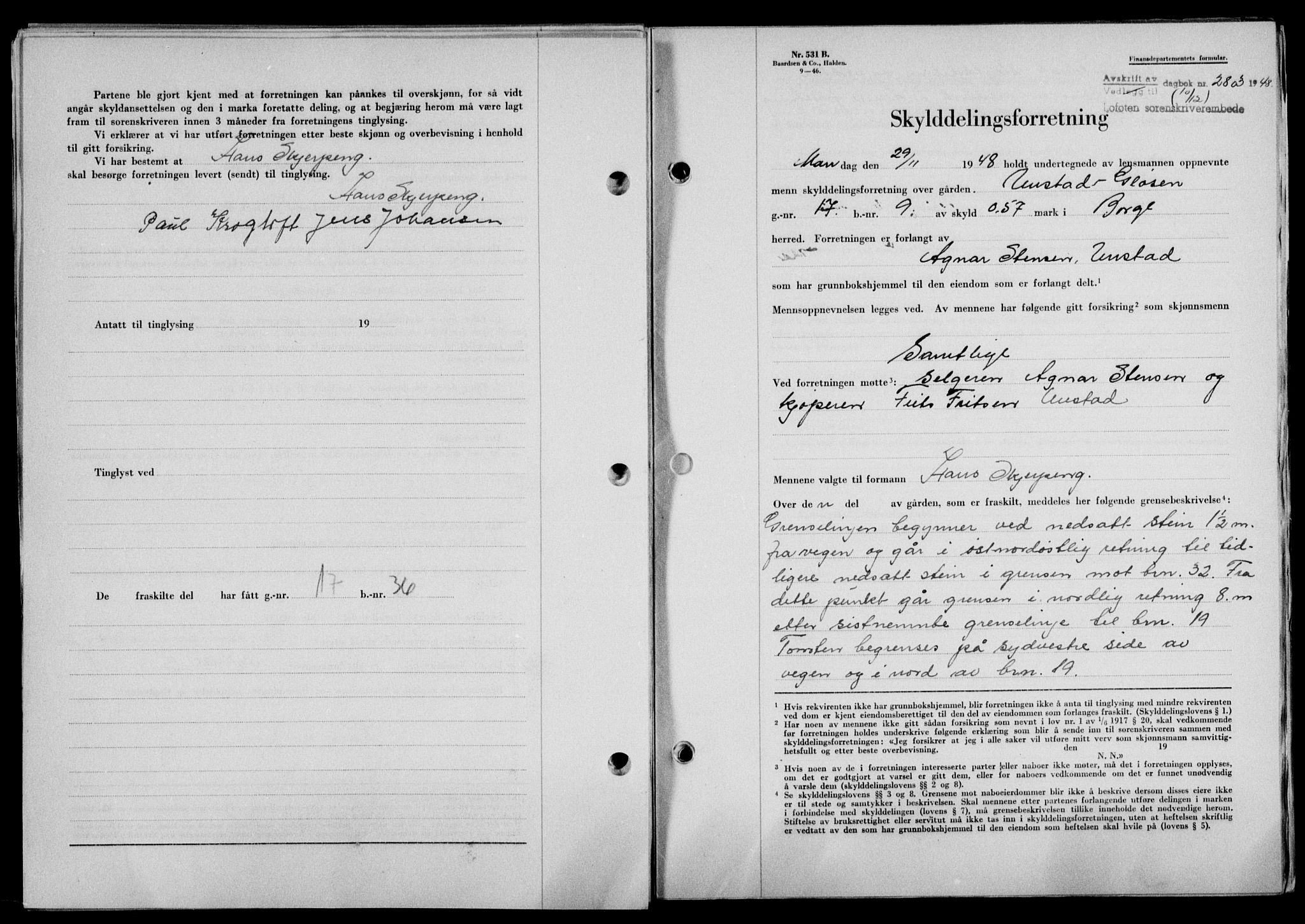 Lofoten sorenskriveri, SAT/A-0017/1/2/2C/L0020a: Mortgage book no. 20a, 1948-1949, Diary no: : 2803/1948