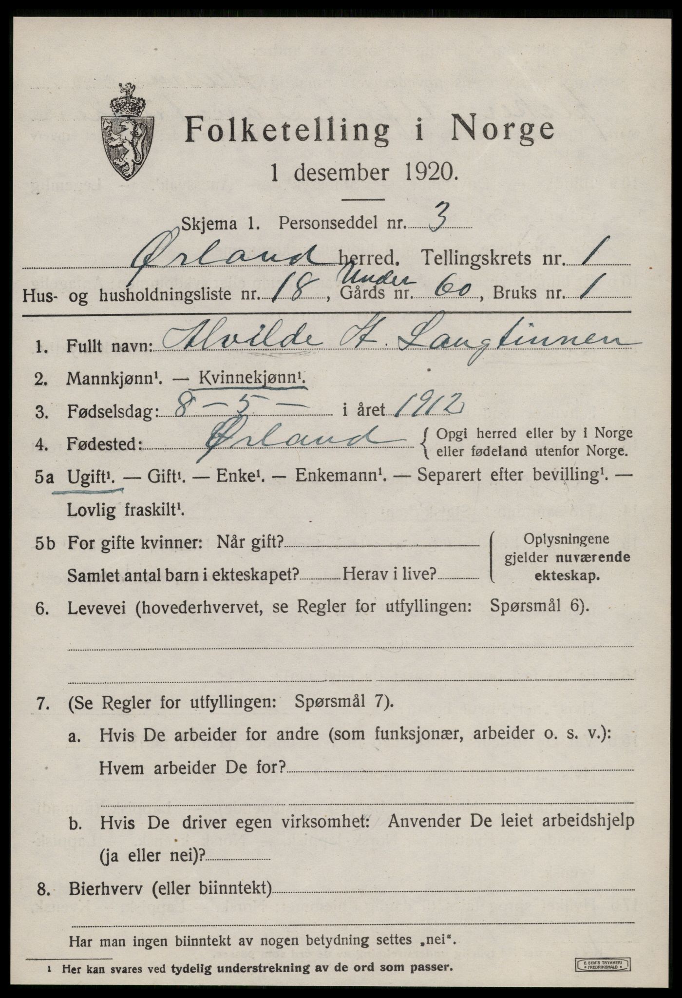 SAT, 1920 census for Ørland, 1920, p. 1597