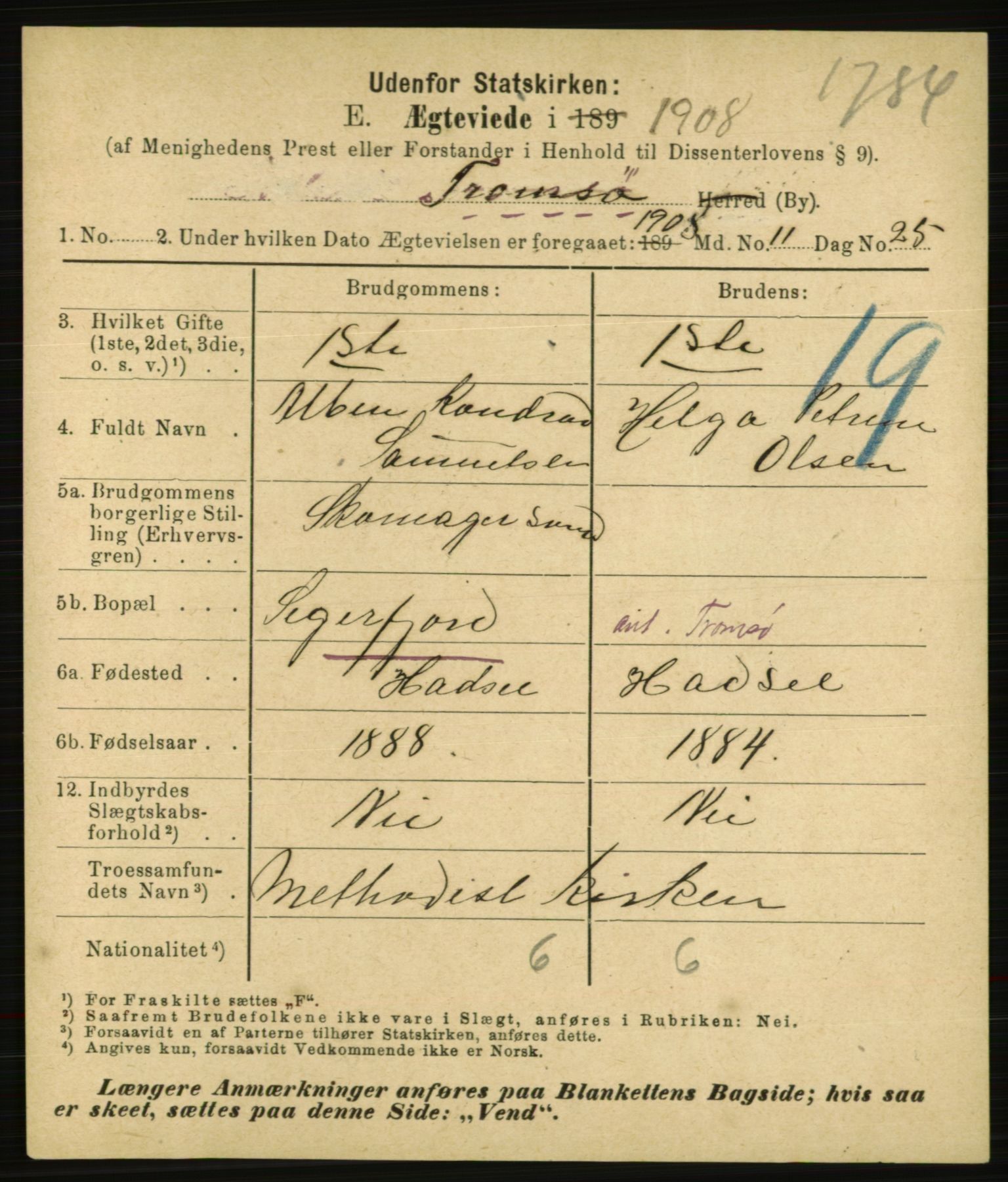 Statistisk sentralbyrå, Sosiodemografiske emner, Befolkning, AV/RA-S-2228/E/L0006: Fødte, gifte, døde dissentere., 1908, p. 2265