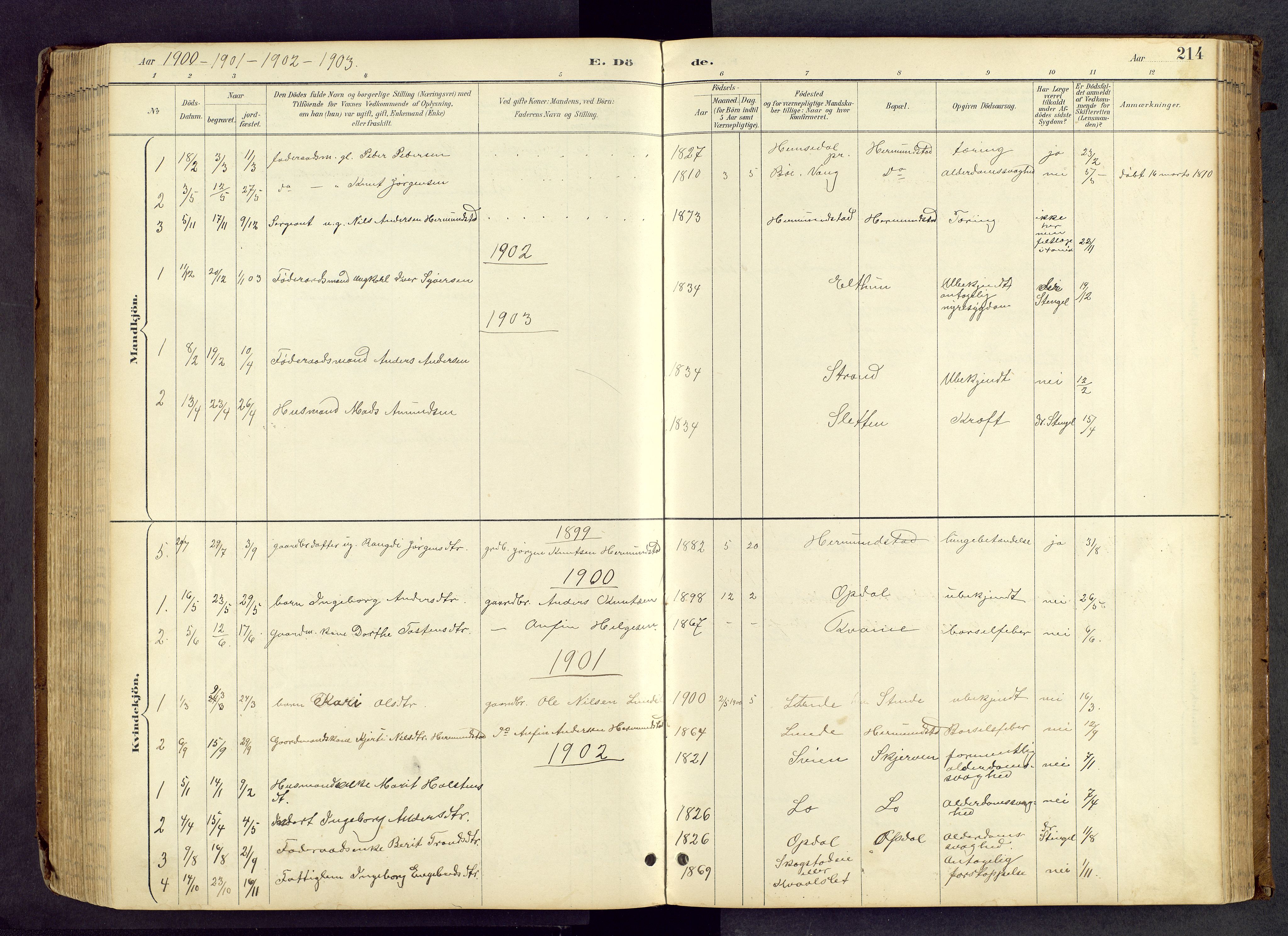 Vang prestekontor, Valdres, SAH/PREST-140/H/Hb/L0005: Parish register (copy) no. 5, 1889-1945, p. 214