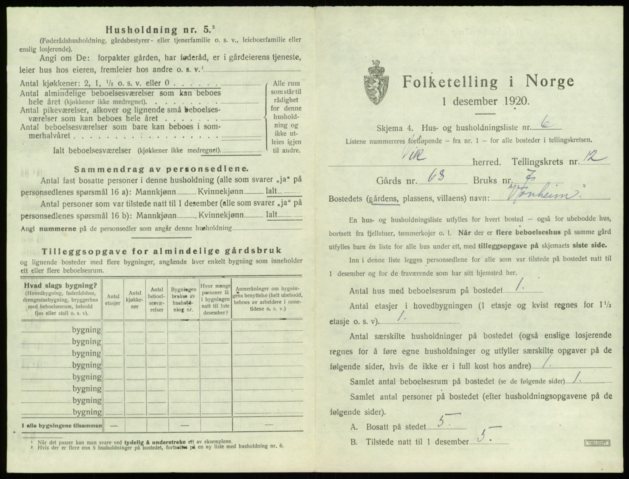 SAB, 1920 census for Vik, 1920, p. 1097