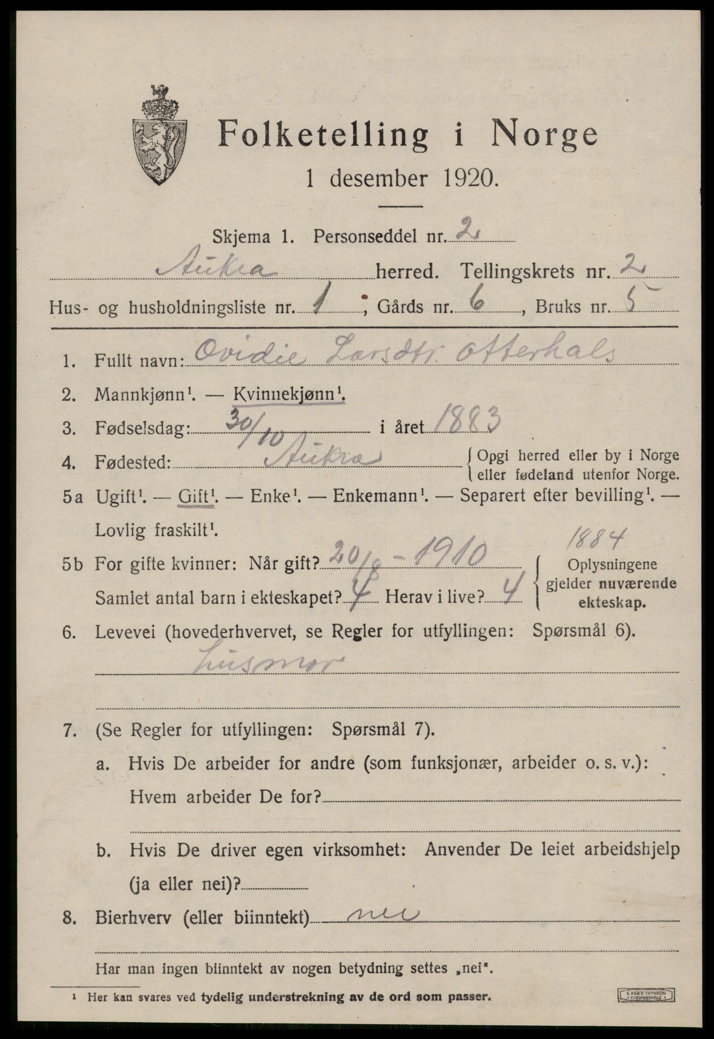 SAT, 1920 census for Aukra, 1920, p. 1613