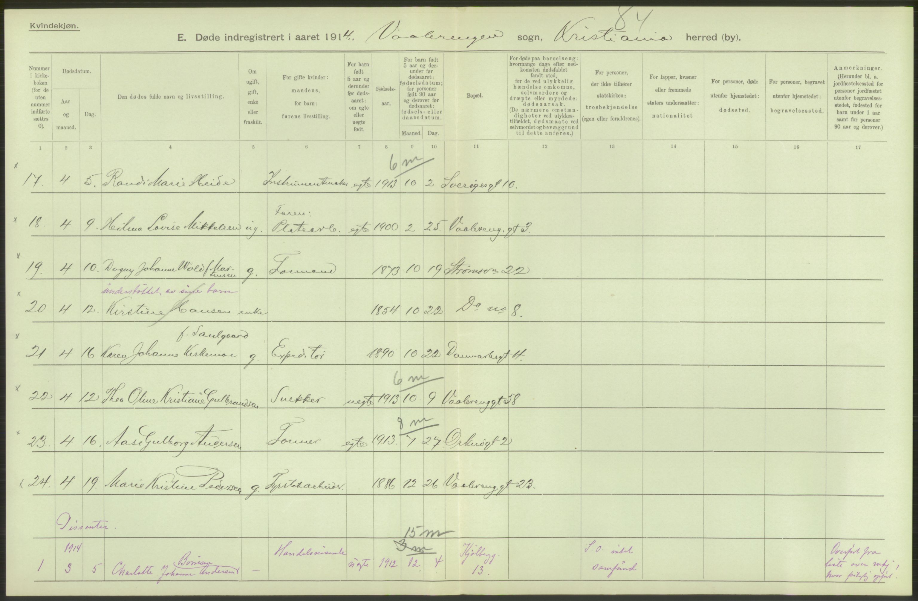 Statistisk sentralbyrå, Sosiodemografiske emner, Befolkning, AV/RA-S-2228/D/Df/Dfb/Dfbd/L0008: Kristiania: Døde, 1914, p. 202