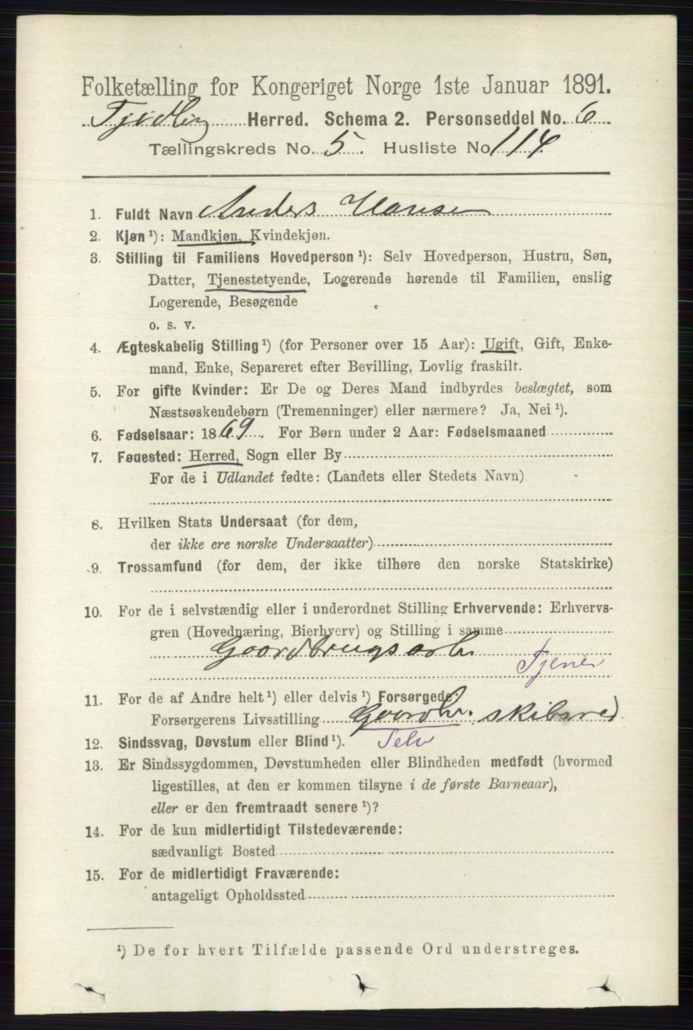 RA, 1891 census for 0725 Tjølling, 1891, p. 2673