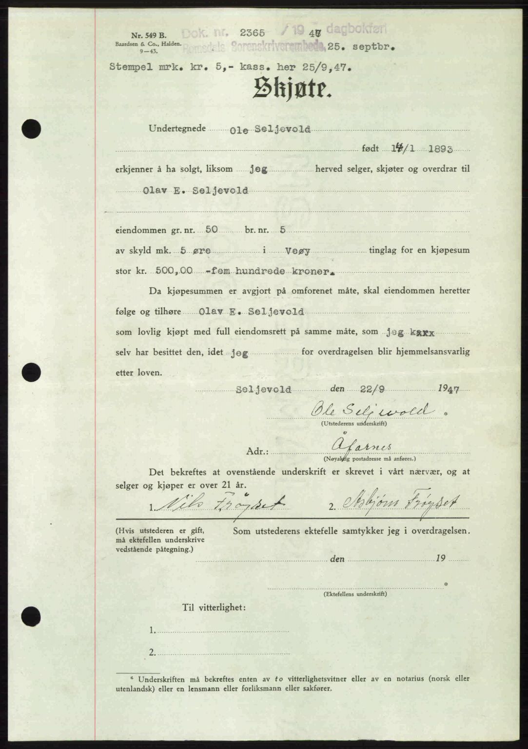 Romsdal sorenskriveri, SAT/A-4149/1/2/2C: Mortgage book no. A24, 1947-1947, Diary no: : 2365/1947