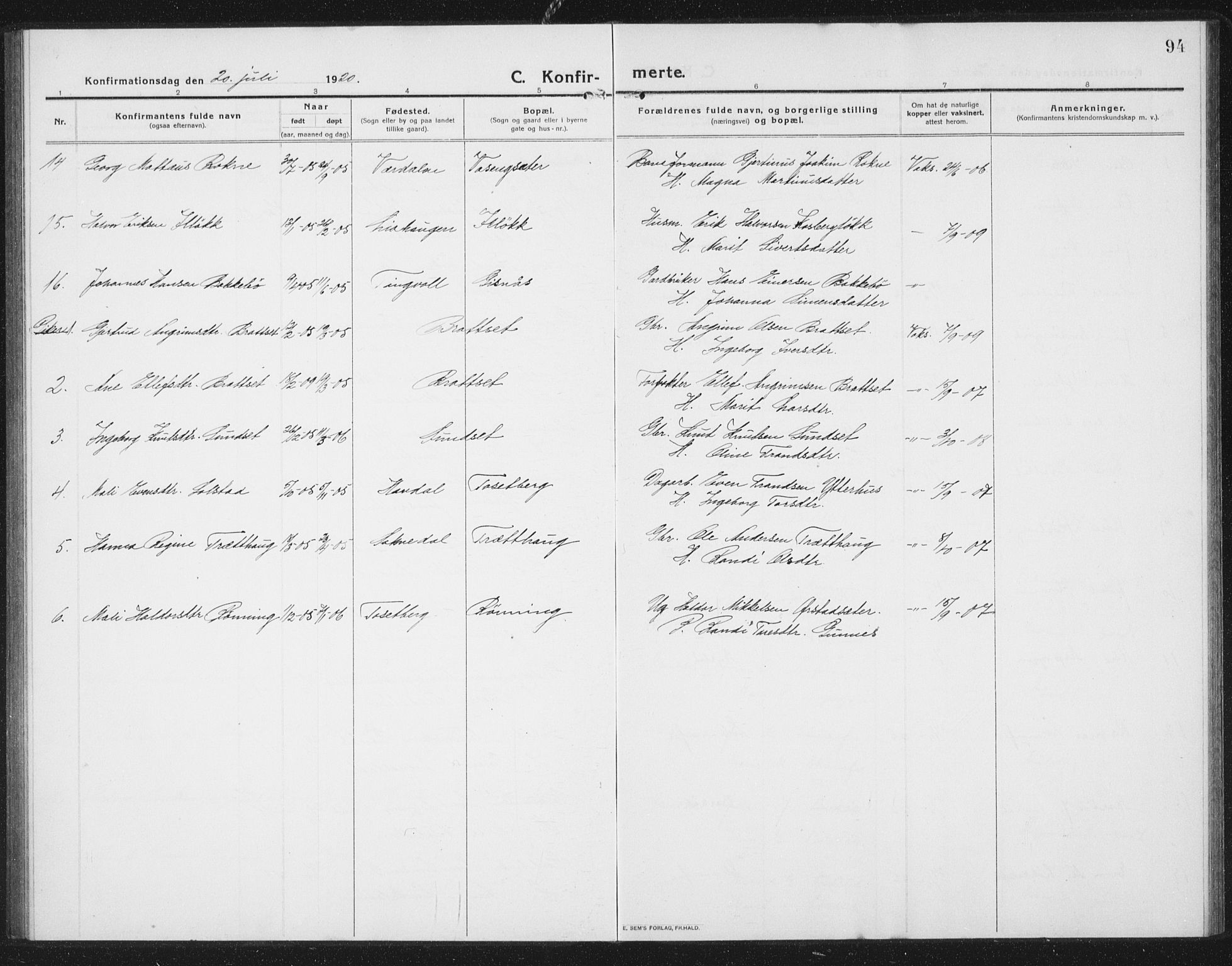 Ministerialprotokoller, klokkerbøker og fødselsregistre - Sør-Trøndelag, SAT/A-1456/675/L0888: Parish register (copy) no. 675C01, 1913-1935, p. 94