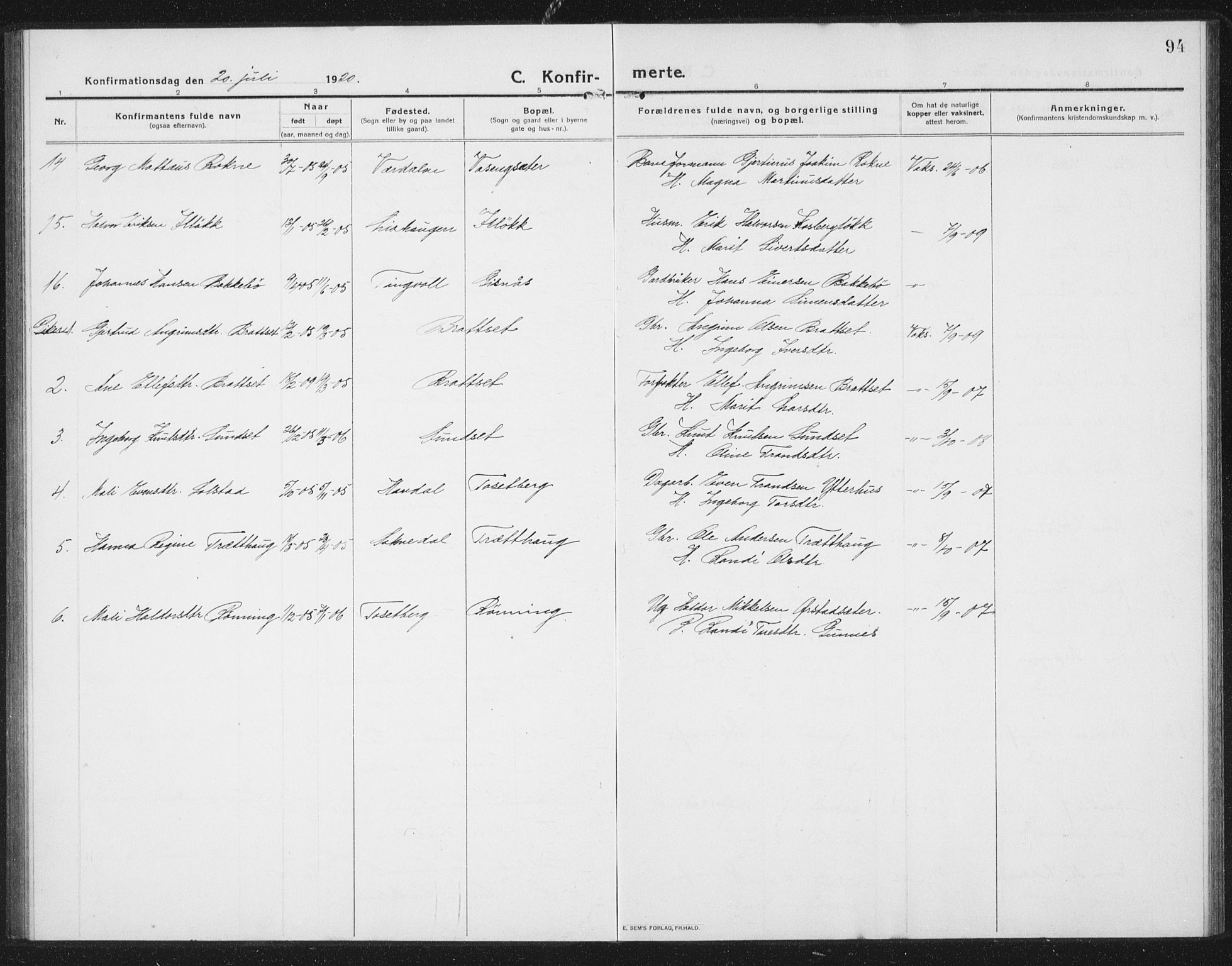 Ministerialprotokoller, klokkerbøker og fødselsregistre - Sør-Trøndelag, AV/SAT-A-1456/675/L0888: Parish register (copy) no. 675C01, 1913-1935, p. 94