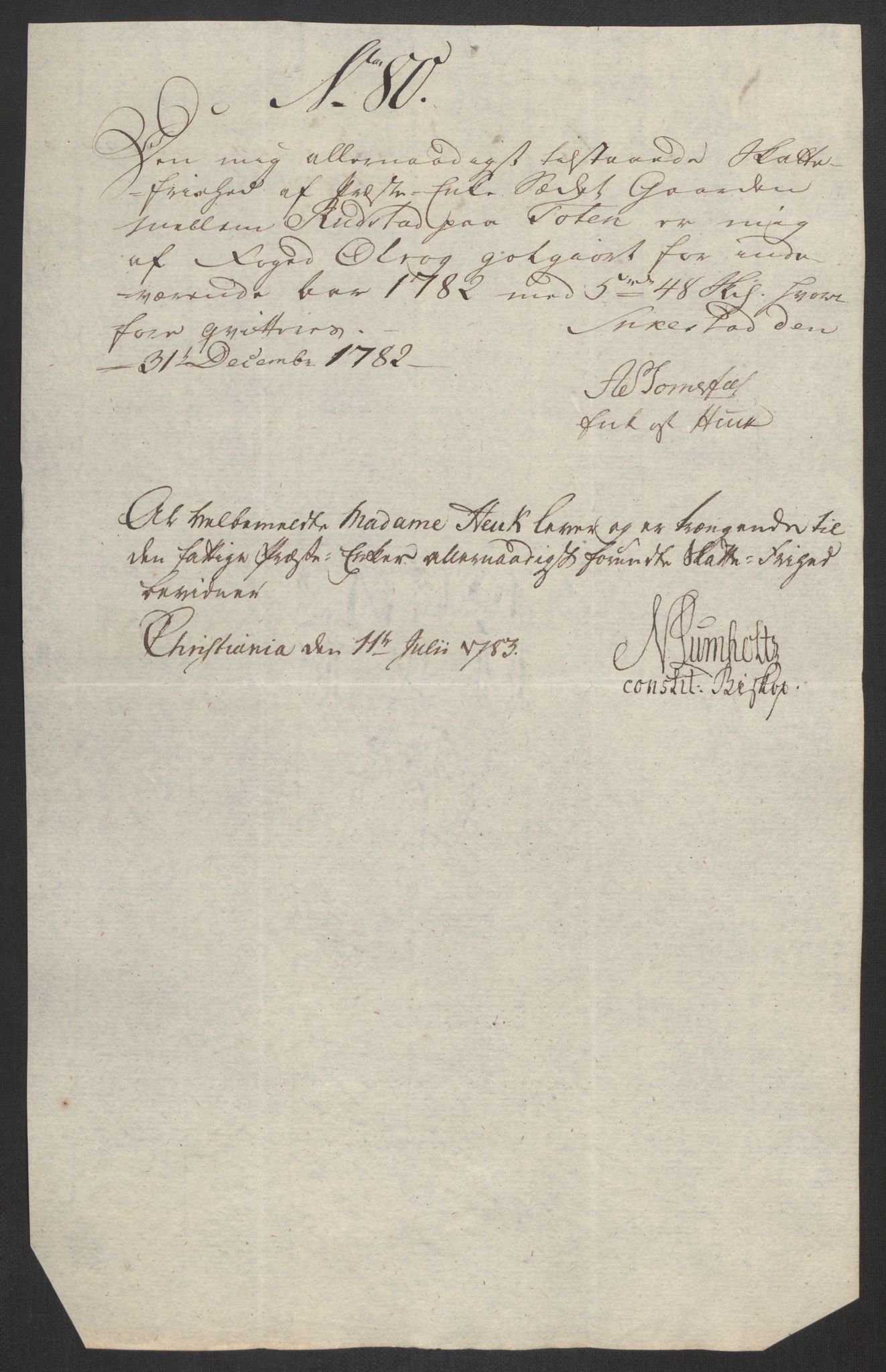 Rentekammeret inntil 1814, Reviderte regnskaper, Fogderegnskap, RA/EA-4092/R19/L1369: Fogderegnskap Toten, Hadeland og Vardal, 1782, p. 269