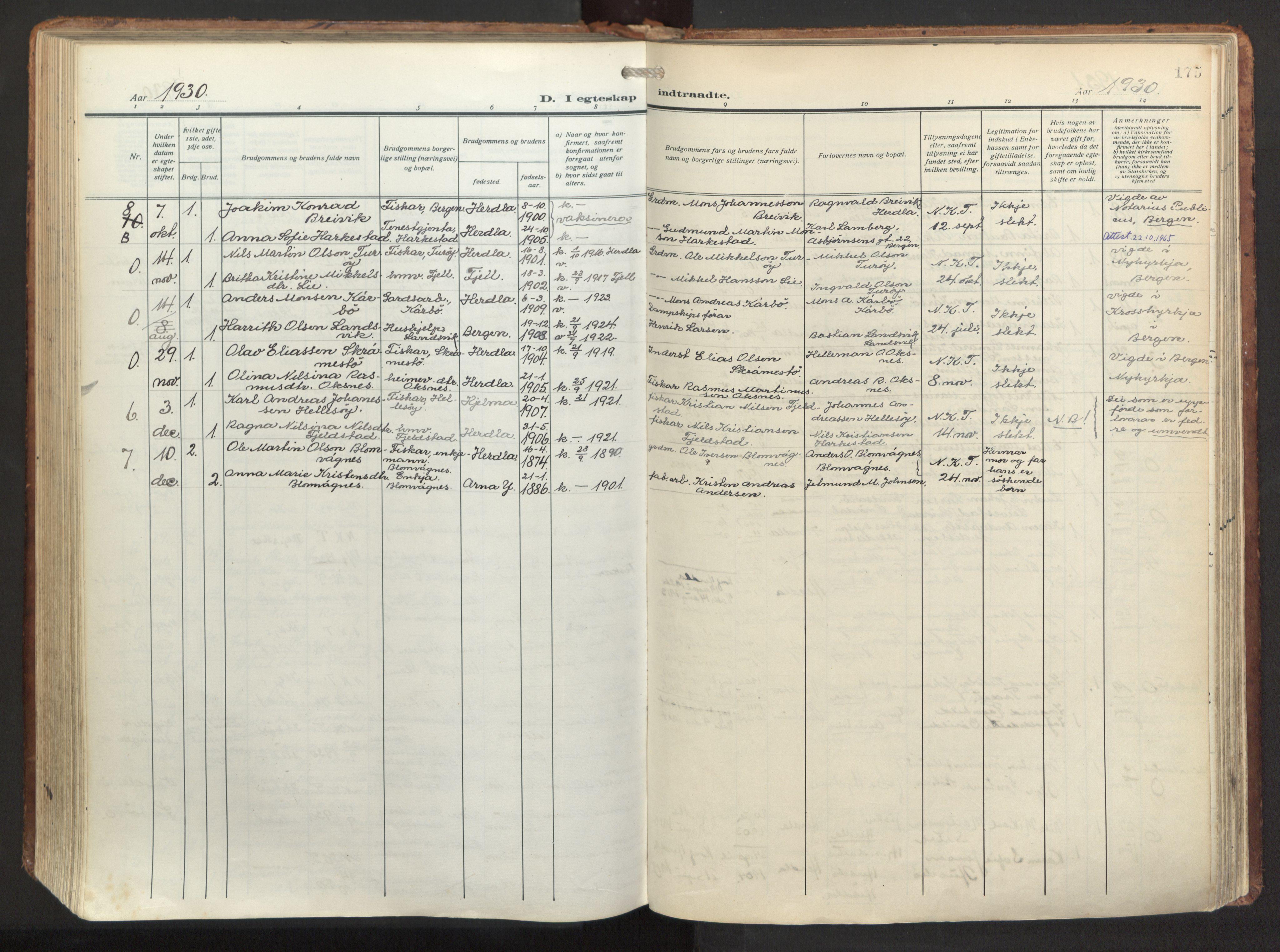 Herdla Sokneprestembete, SAB/A-75701/H/Haa: Parish register (official) no. A 6, 1918-1933, p. 175