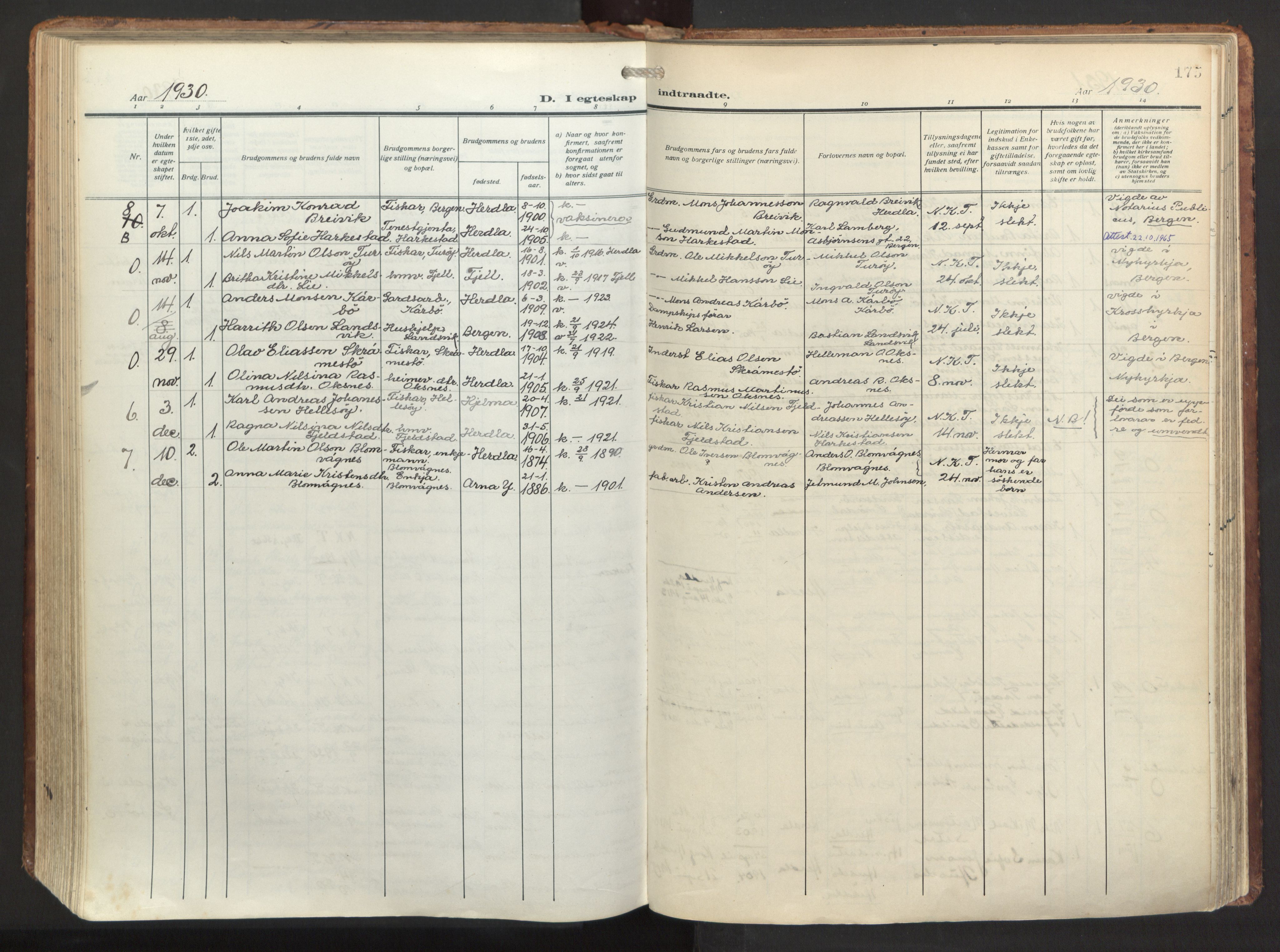 Herdla Sokneprestembete, AV/SAB-A-75701/H/Haa: Parish register (official) no. A 6, 1918-1933, p. 175