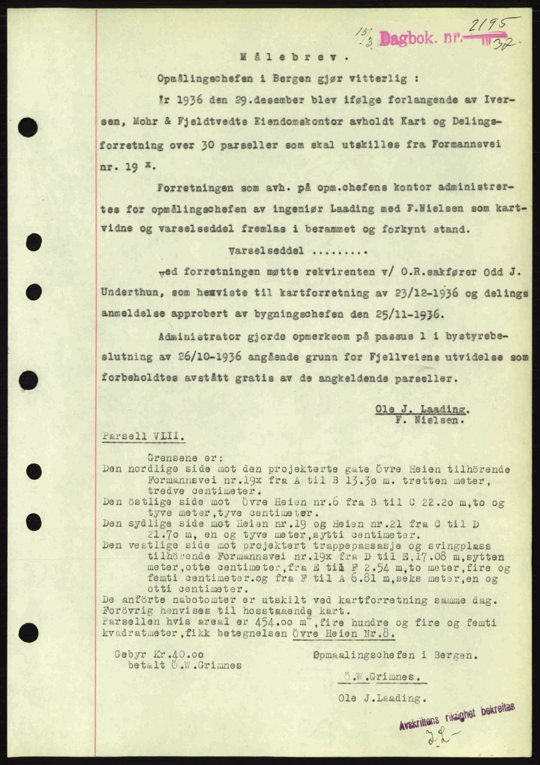 Byfogd og Byskriver i Bergen, SAB/A-3401/03/03Bc/L0004: Mortgage book no. A3-4, 1936-1937, Diary no: : 2195/1937