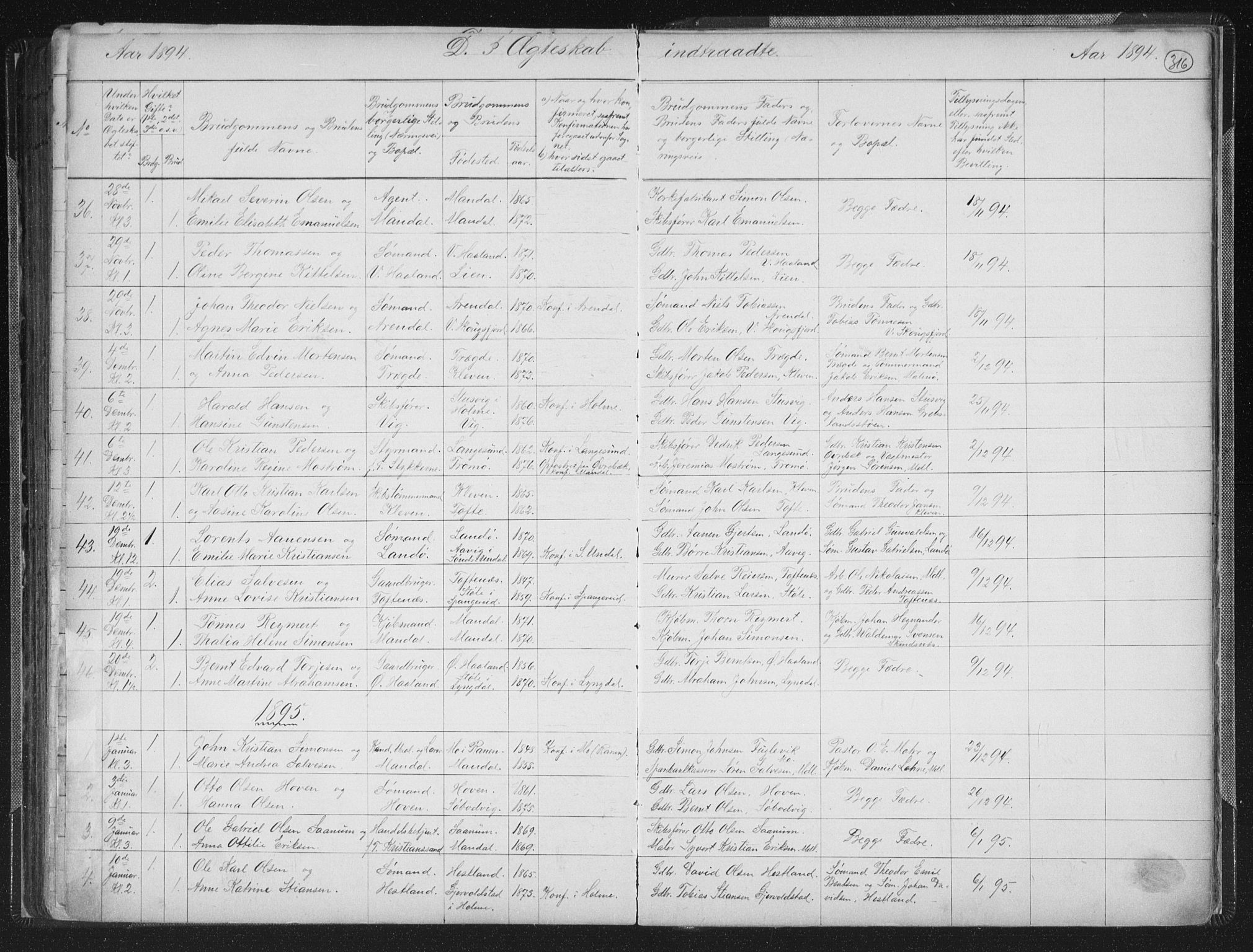 Mandal sokneprestkontor, SAK/1111-0030/F/Fb/Fba/L0011: Parish register (copy) no. B 5, 1880-1898, p. 316
