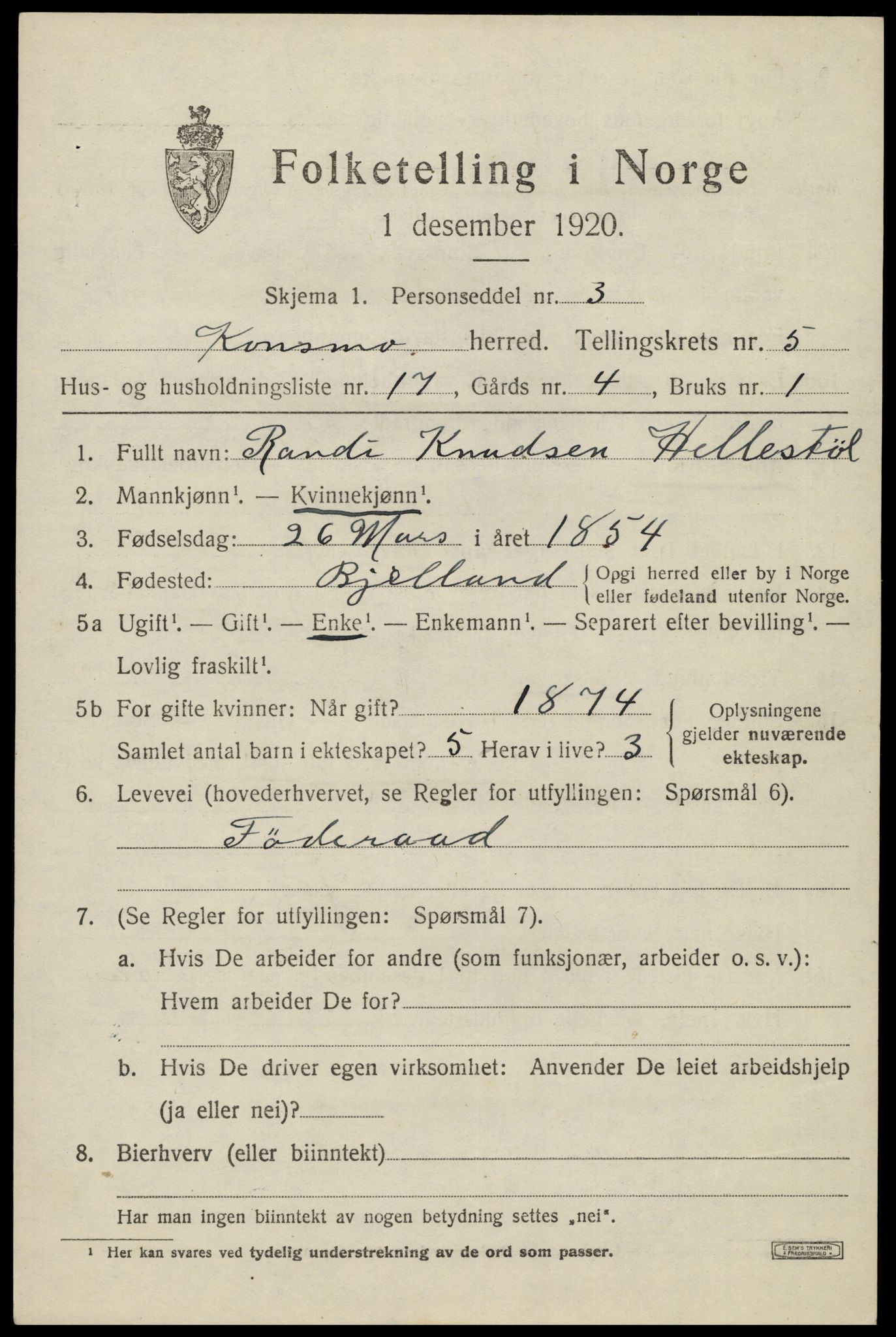 SAK, 1920 census for Konsmo, 1920, p. 1396
