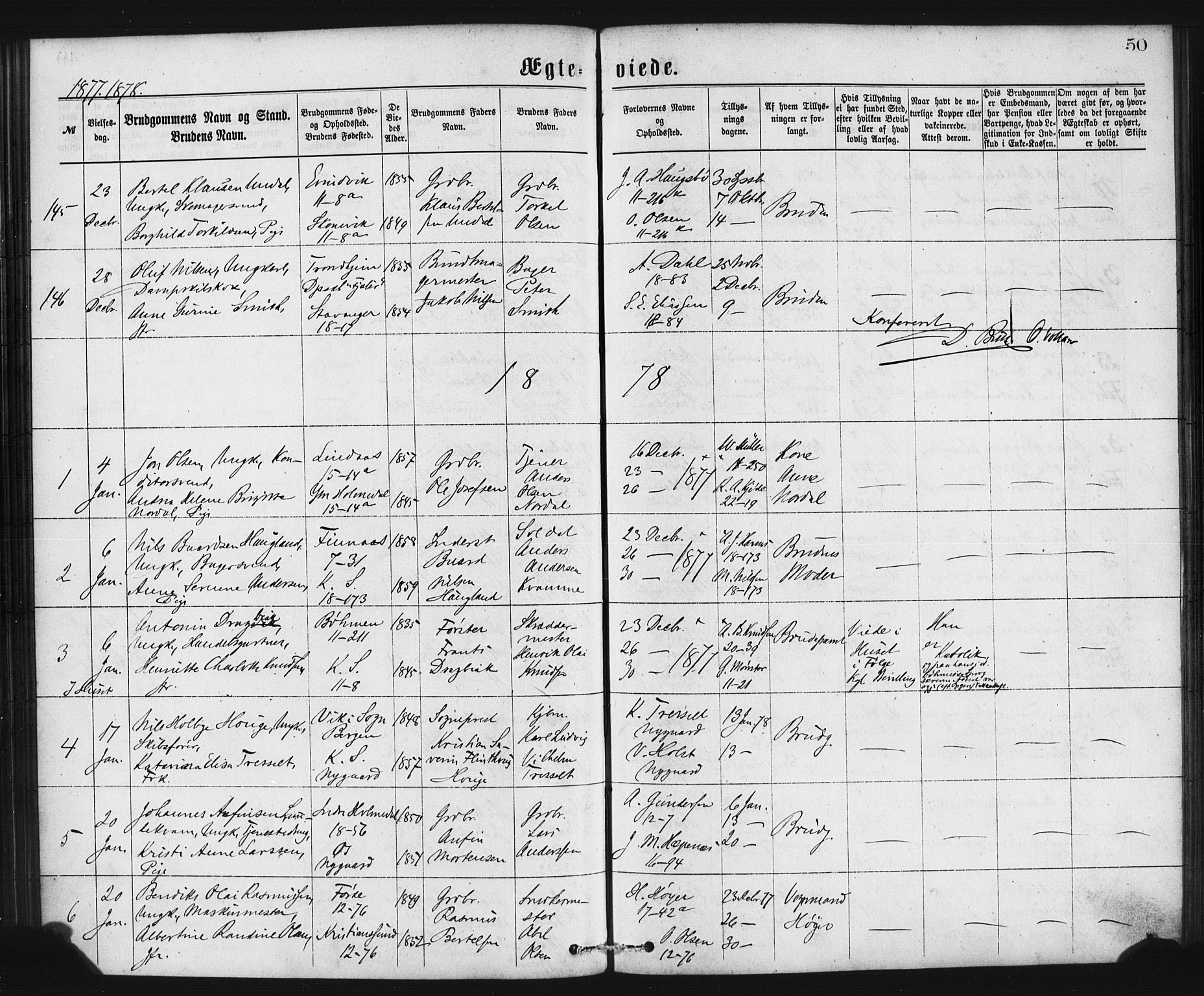 Domkirken sokneprestembete, SAB/A-74801/H/Haa/L0036: Parish register (official) no. D 3, 1875-1880, p. 50