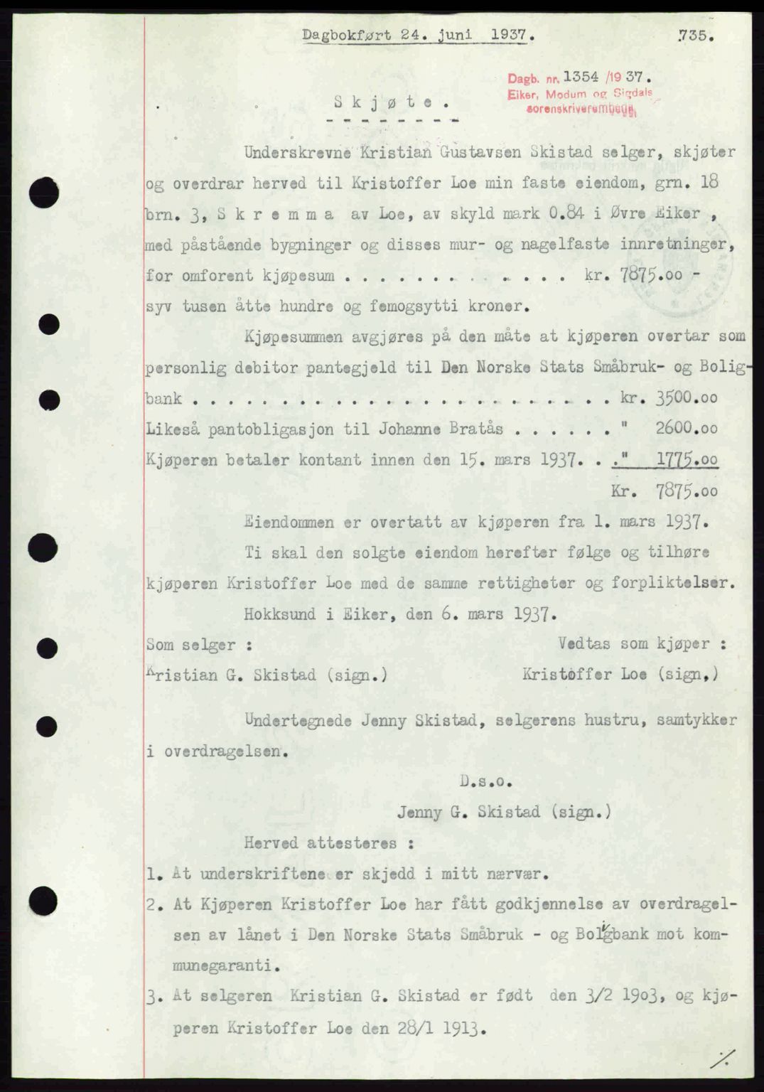 Eiker, Modum og Sigdal sorenskriveri, SAKO/A-123/G/Ga/Gab/L0035: Mortgage book no. A5, 1937-1937, Diary no: : 1354/1937