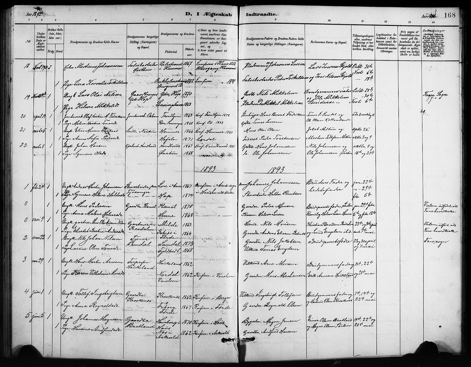 Birkeland Sokneprestembete, SAB/A-74601/H/Hab: Parish register (copy) no. A 4, 1888-1897, p. 168