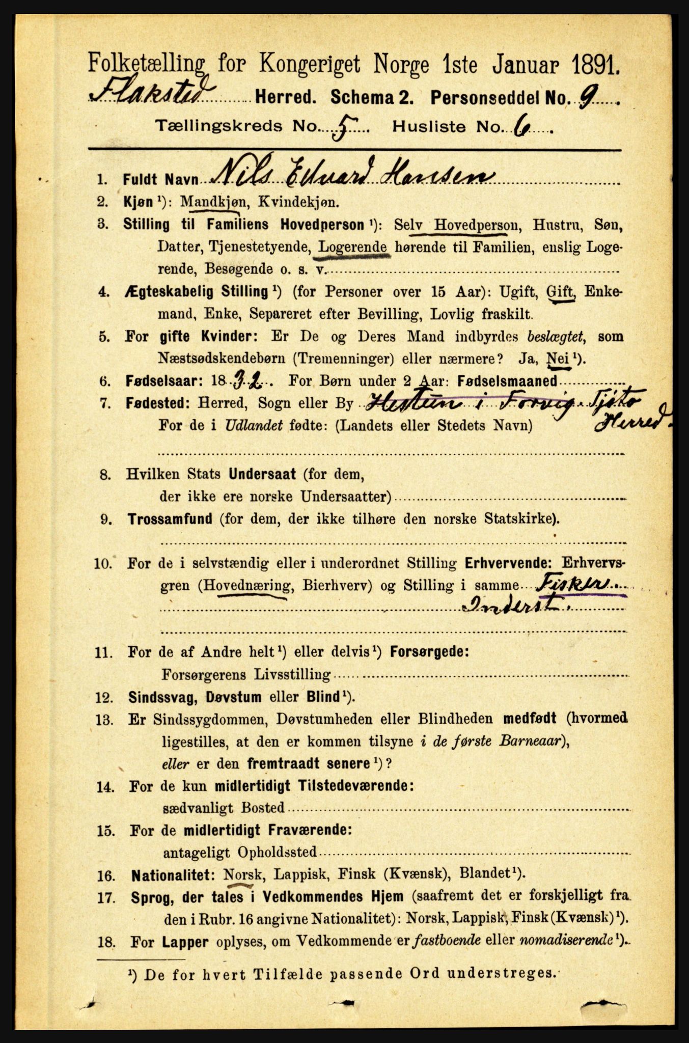 RA, 1891 census for 1859 Flakstad, 1891, p. 2531