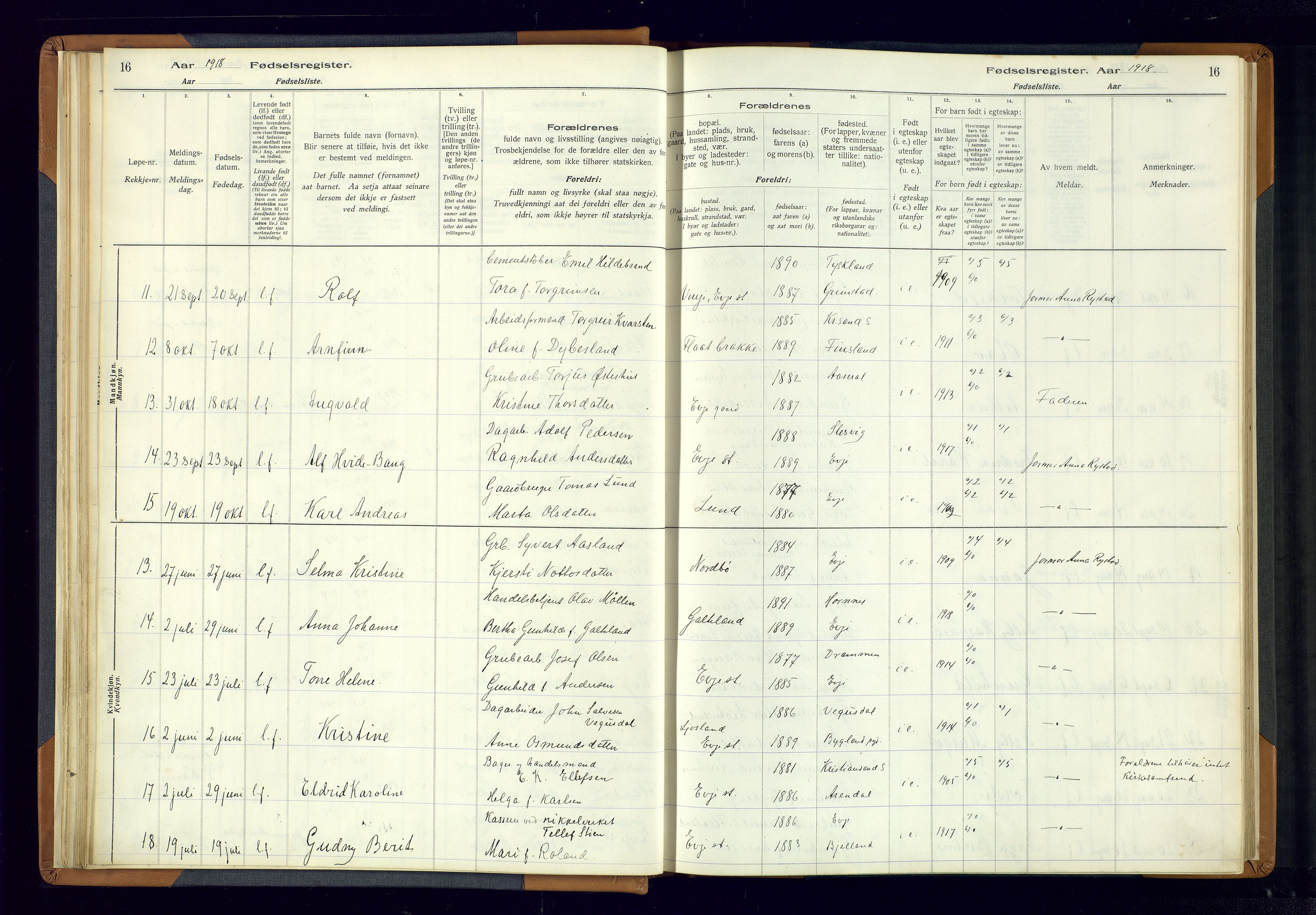 Evje sokneprestkontor, AV/SAK-1111-0008/J/Jc/L0004: Birth register no. 4, 1916-1968, p. 16