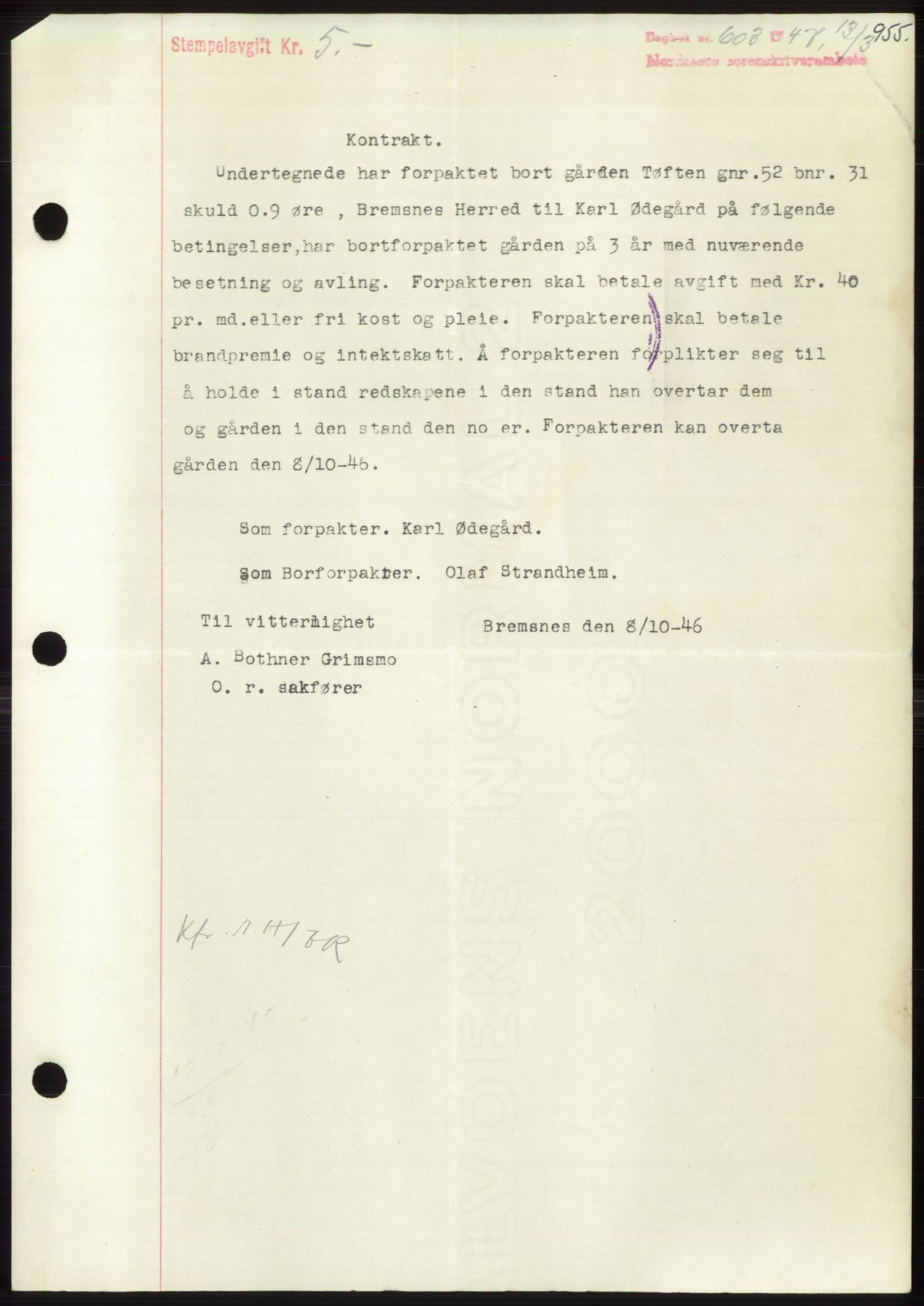 Nordmøre sorenskriveri, AV/SAT-A-4132/1/2/2Ca: Mortgage book no. B95, 1946-1947, Diary no: : 603/1947