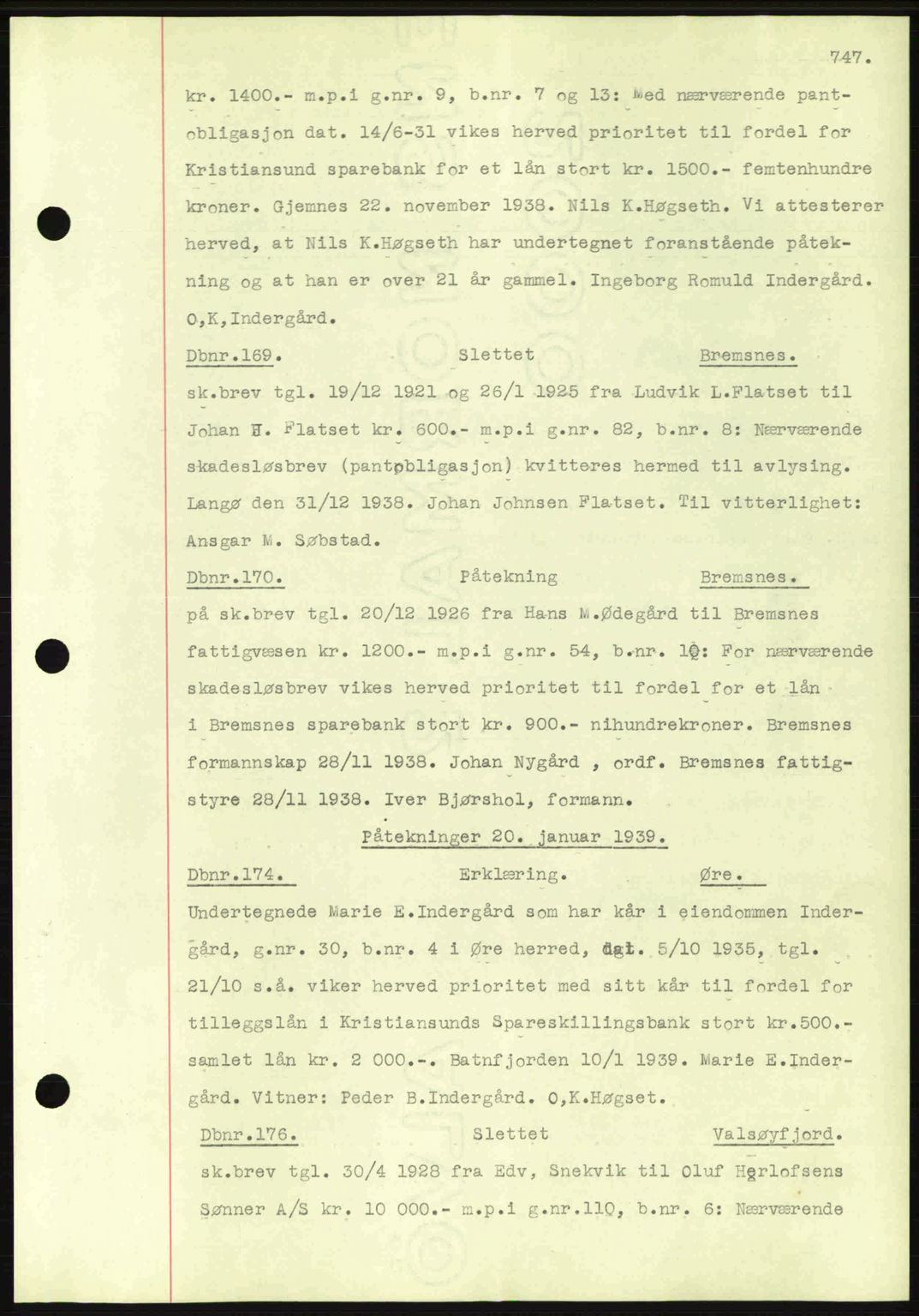 Nordmøre sorenskriveri, AV/SAT-A-4132/1/2/2Ca: Mortgage book no. C80, 1936-1939, Diary no: : 169/1939