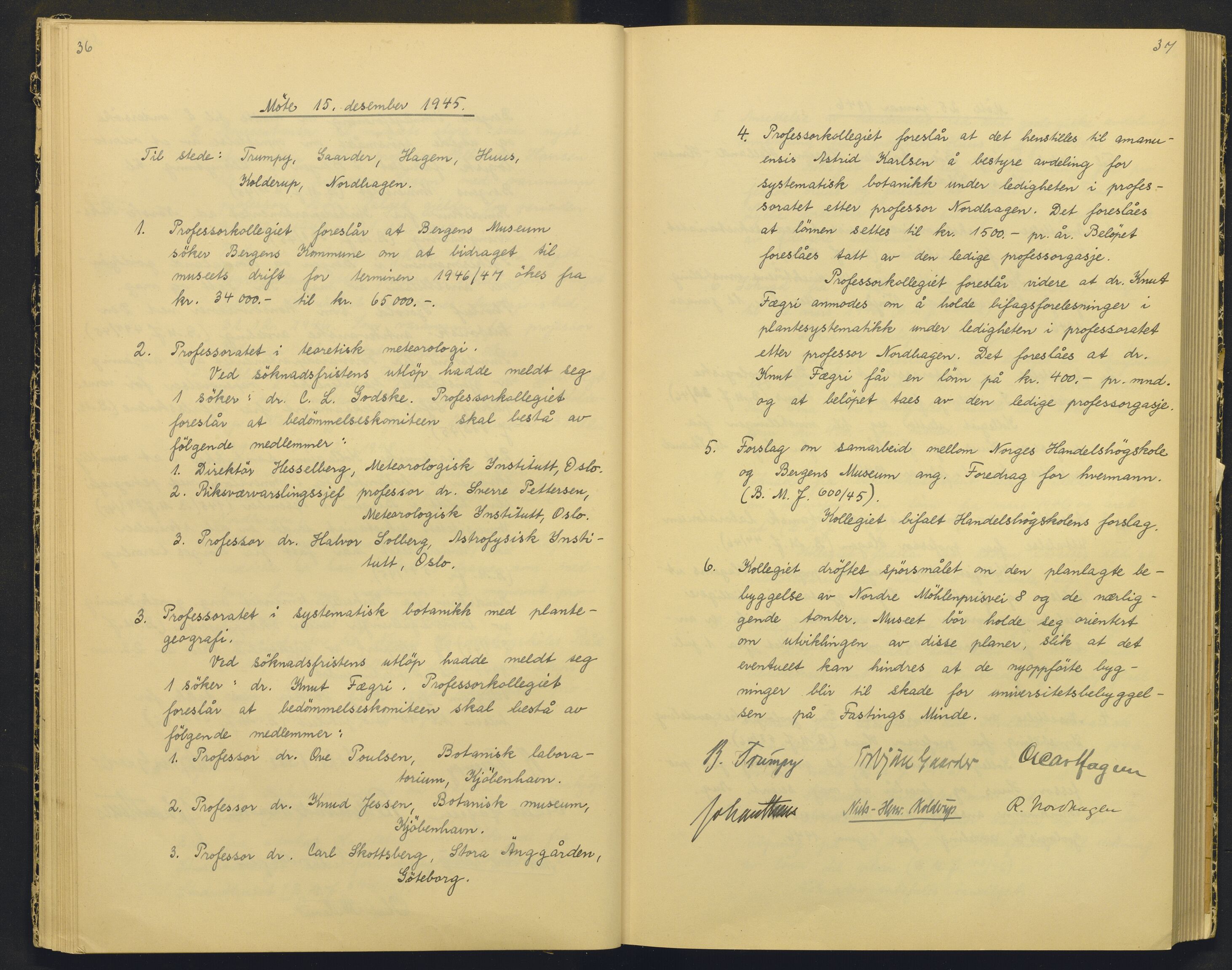 Bergens Museum, AV/SAB-A-17301/18/A/L0004: Professorkollegiets møtebok med register , 1945-1949, p. 36-37