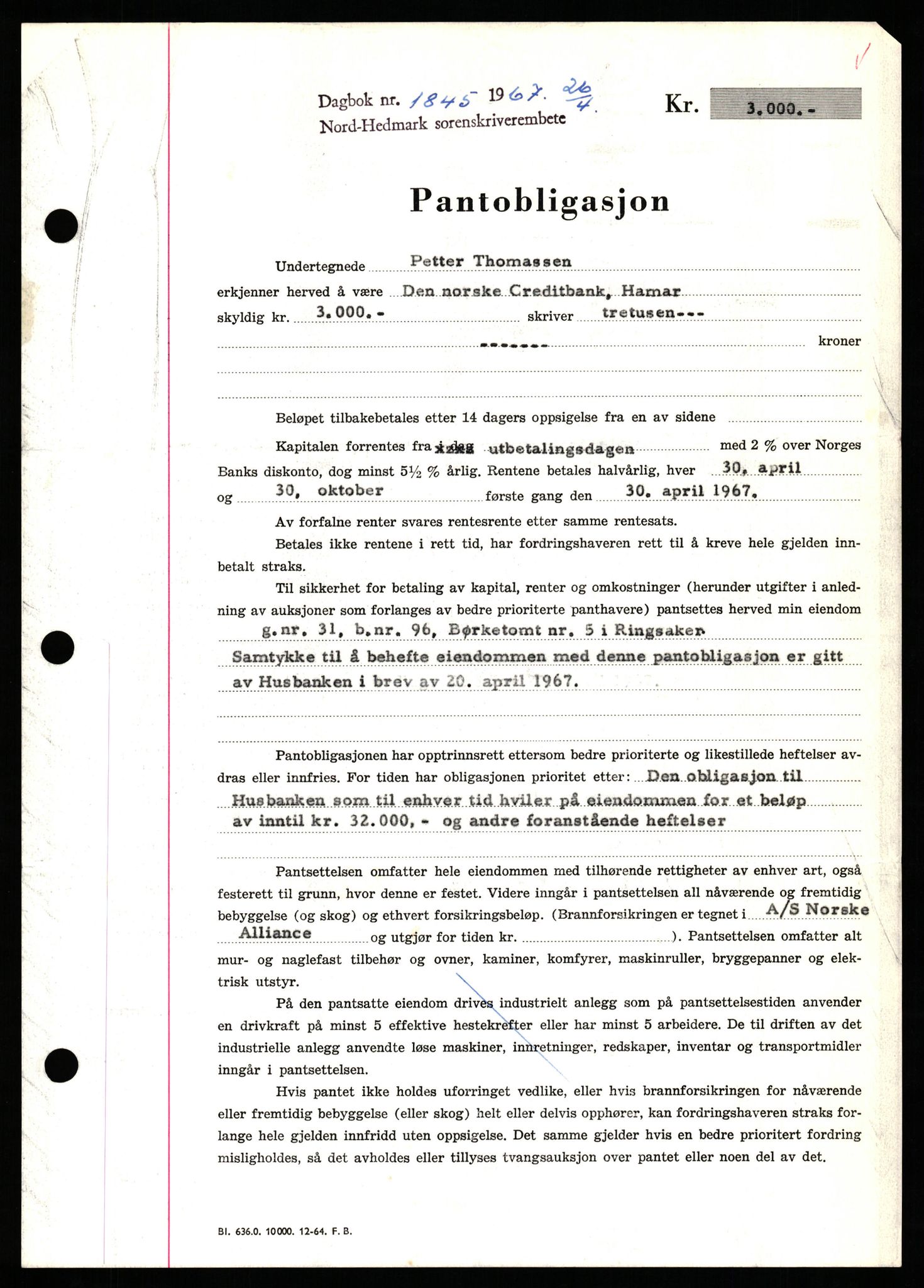 Nord-Hedmark sorenskriveri, SAH/TING-012/H/Hb/Hbf/L0071: Mortgage book no. B71, 1967-1967, Diary no: : 1845/1967