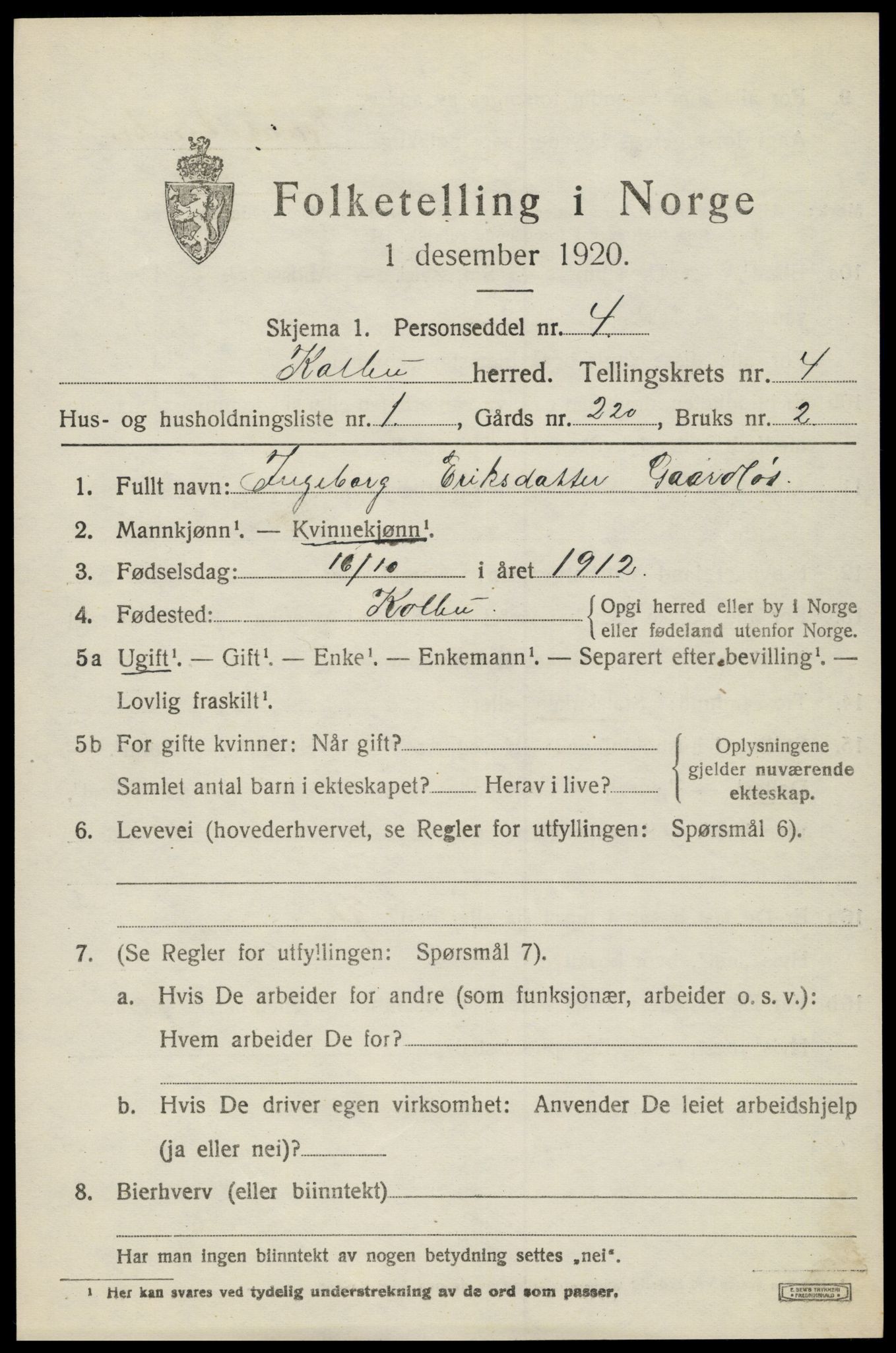 SAH, 1920 census for Kolbu, 1920, p. 3128