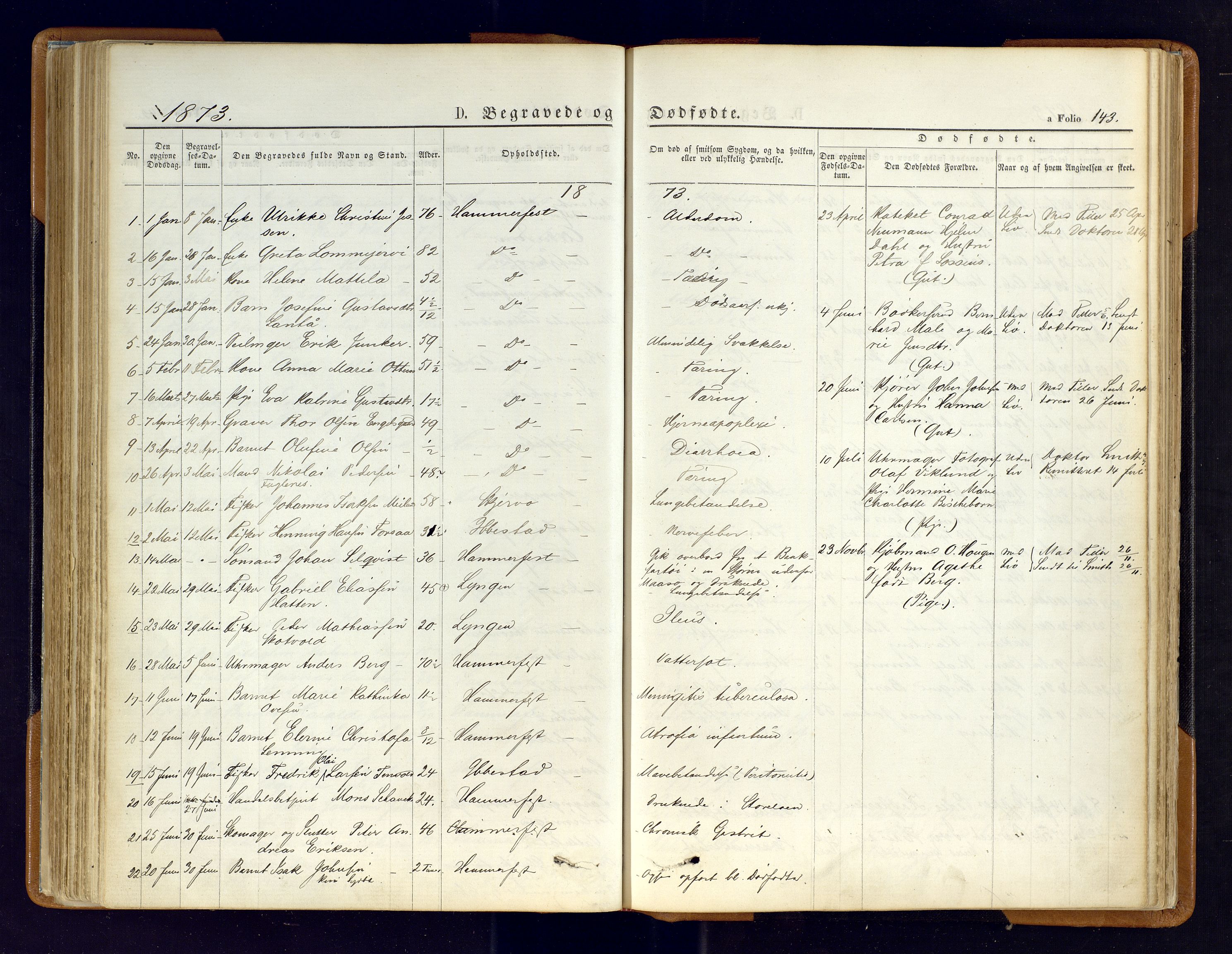 Hammerfest sokneprestkontor, AV/SATØ-S-1347/H/Ha/L0006.kirke: Parish register (official) no. 6, 1869-1877, p. 143