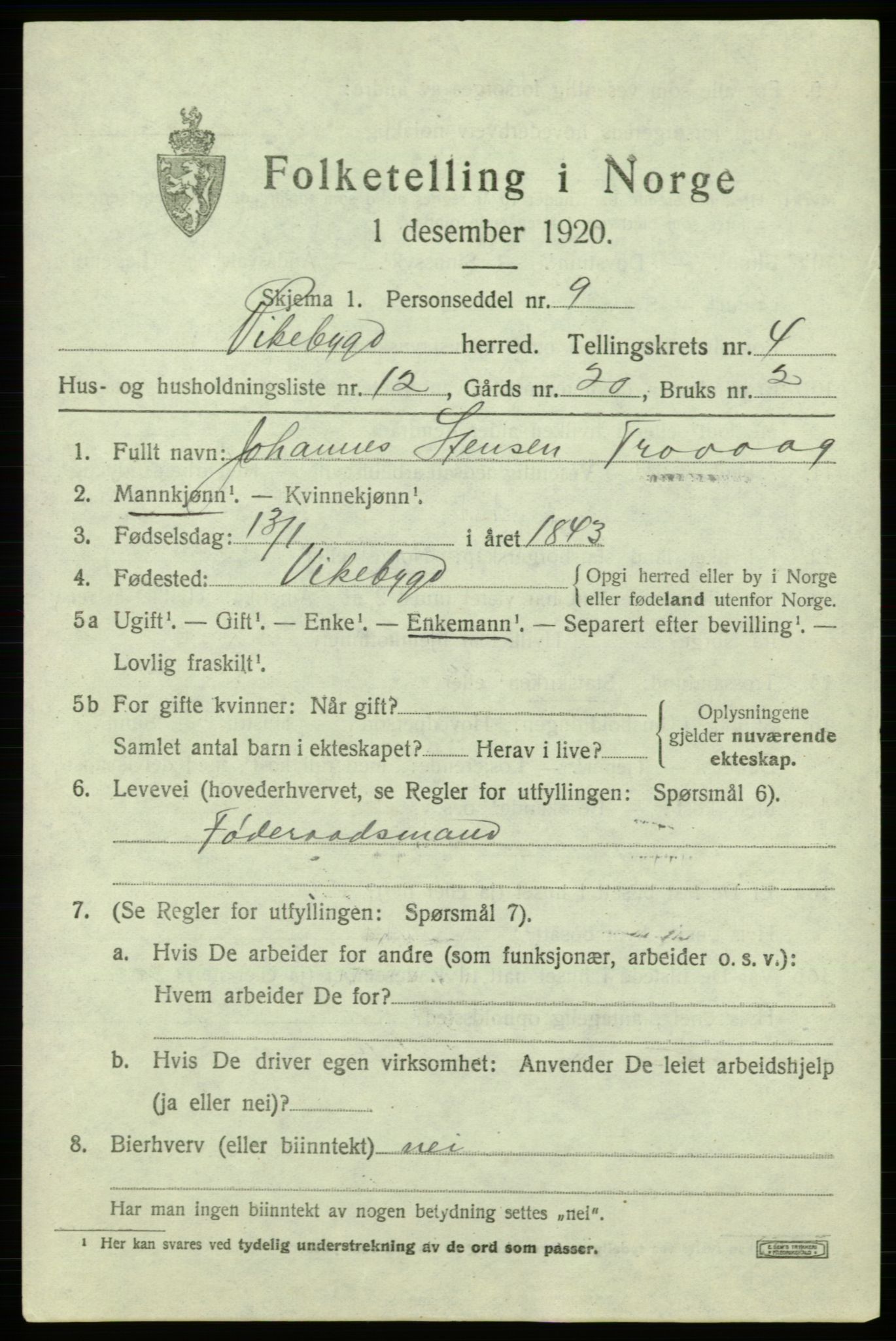 SAB, 1920 census for Vikebygd, 1920, p. 1681