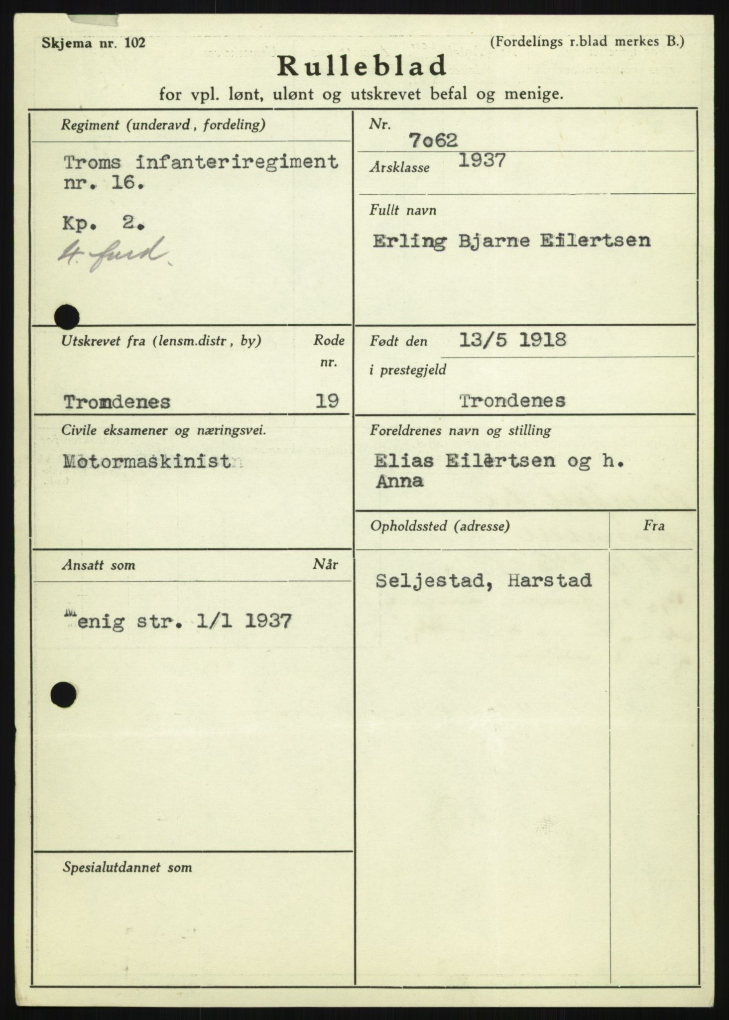 Forsvaret, Troms infanteriregiment nr. 16, AV/RA-RAFA-3146/P/Pa/L0021: Rulleblad for regimentets menige mannskaper, årsklasse 1937, 1937, p. 133