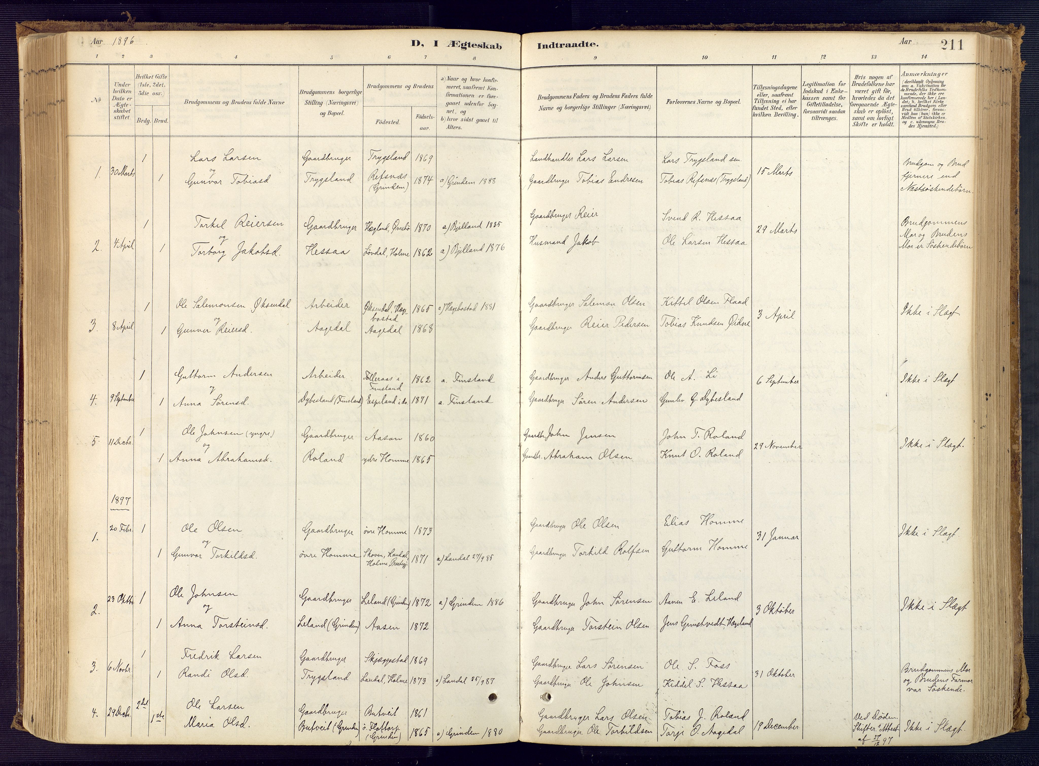 Bjelland sokneprestkontor, SAK/1111-0005/F/Fa/Faa/L0004: Parish register (official) no. A 4, 1887-1923, p. 211