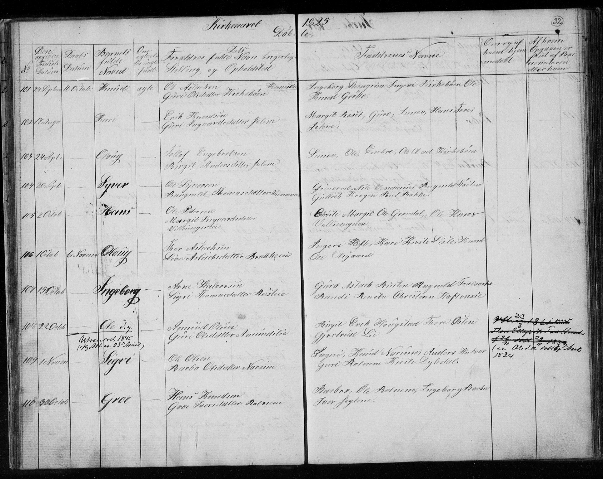 Gol kirkebøker, AV/SAKO-A-226/F/Fa/L0001: Parish register (official) no. I 1, 1821-1837, p. 32