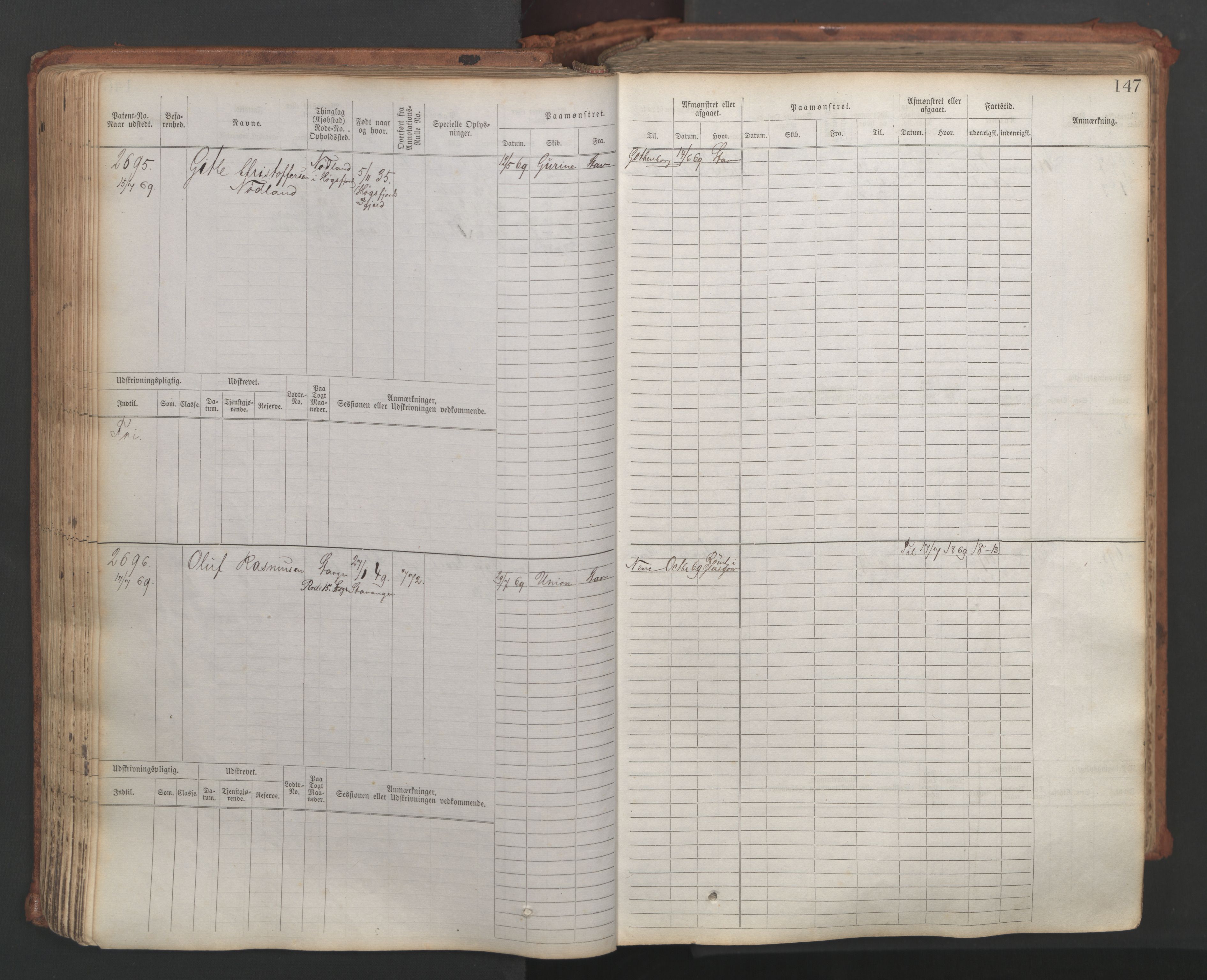 Stavanger sjømannskontor, AV/SAST-A-102006/F/Fb/Fbb/L0007: Sjøfartshovedrulle, patentnr. 2403-3604, 1869-1880, p. 172