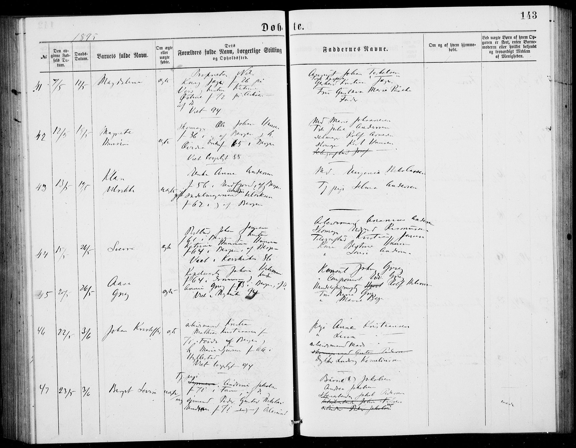 Fødselsstiftelsens sokneprestembete, ført av overlegen*, SAB/-: Parish register (official) no. A 2, 1884-1900, p. 143
