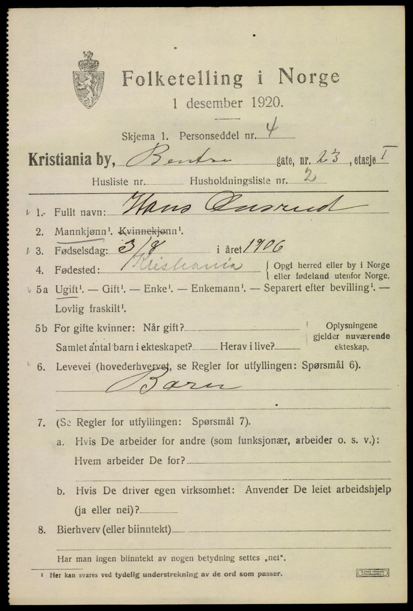 SAO, 1920 census for Kristiania, 1920, p. 152001
