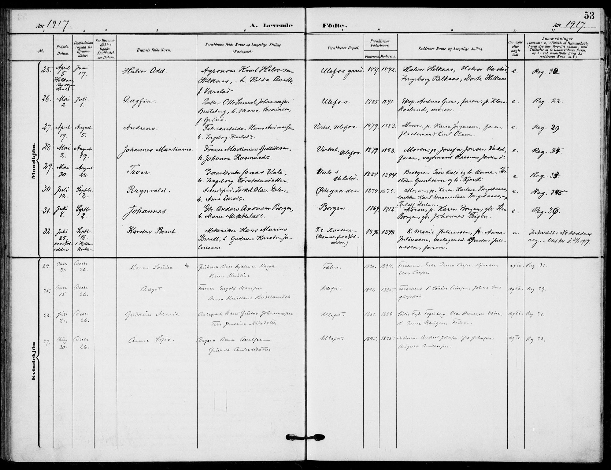 Holla kirkebøker, AV/SAKO-A-272/F/Fa/L0012: Parish register (official) no. 12, 1907-1923, p. 53