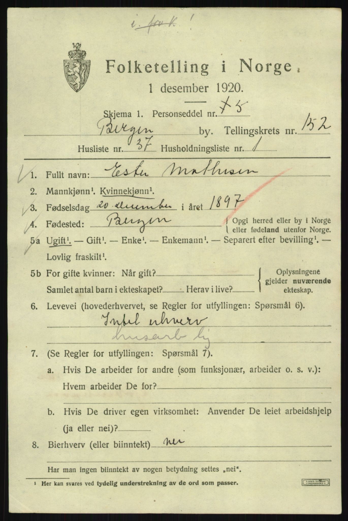 SAB, 1920 census for Bergen, 1920, p. 247403