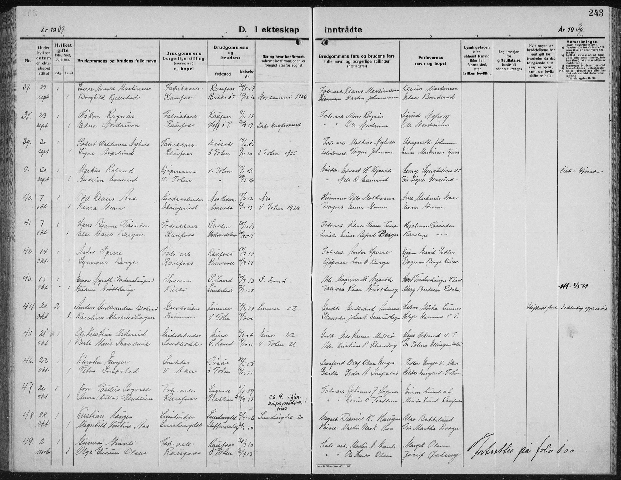 Vestre Toten prestekontor, AV/SAH-PREST-108/H/Ha/Hab/L0018: Parish register (copy) no. 18, 1928-1941, p. 243