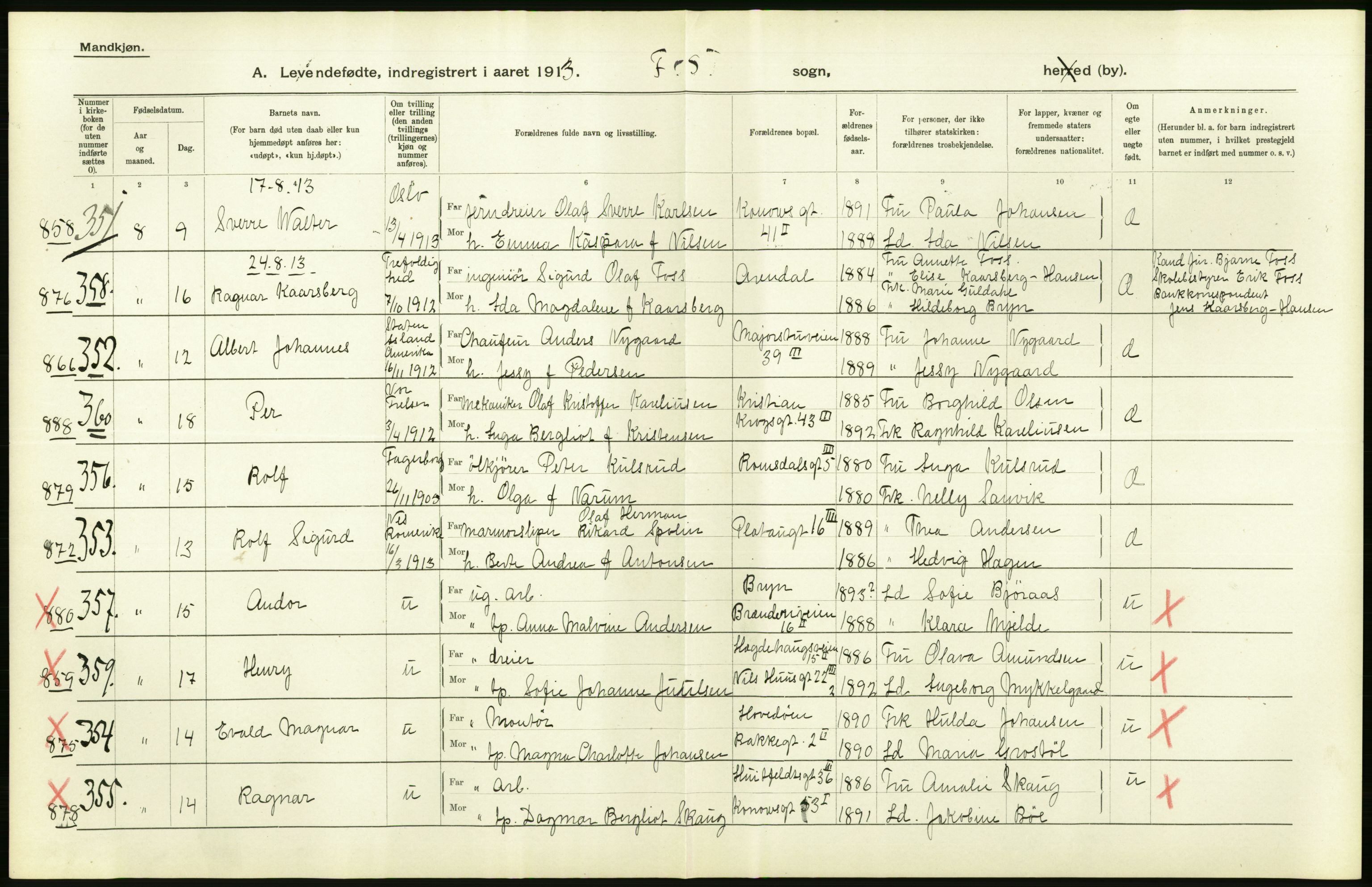 Statistisk sentralbyrå, Sosiodemografiske emner, Befolkning, AV/RA-S-2228/D/Df/Dfb/Dfbc/L0007: Kristiania: Levendefødte menn og kvinner., 1913, p. 56