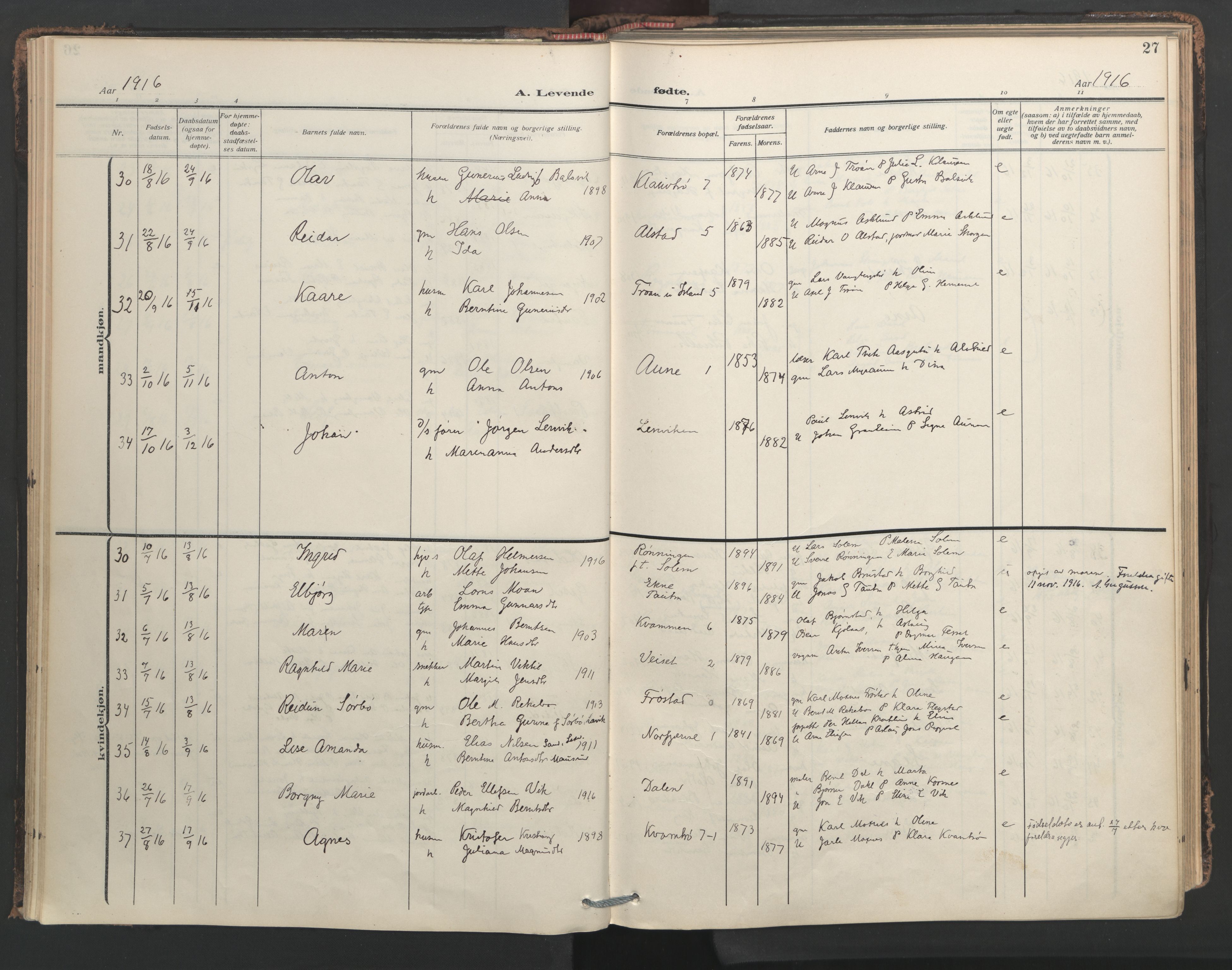 Ministerialprotokoller, klokkerbøker og fødselsregistre - Nord-Trøndelag, AV/SAT-A-1458/713/L0123: Parish register (official) no. 713A12, 1911-1925, p. 27