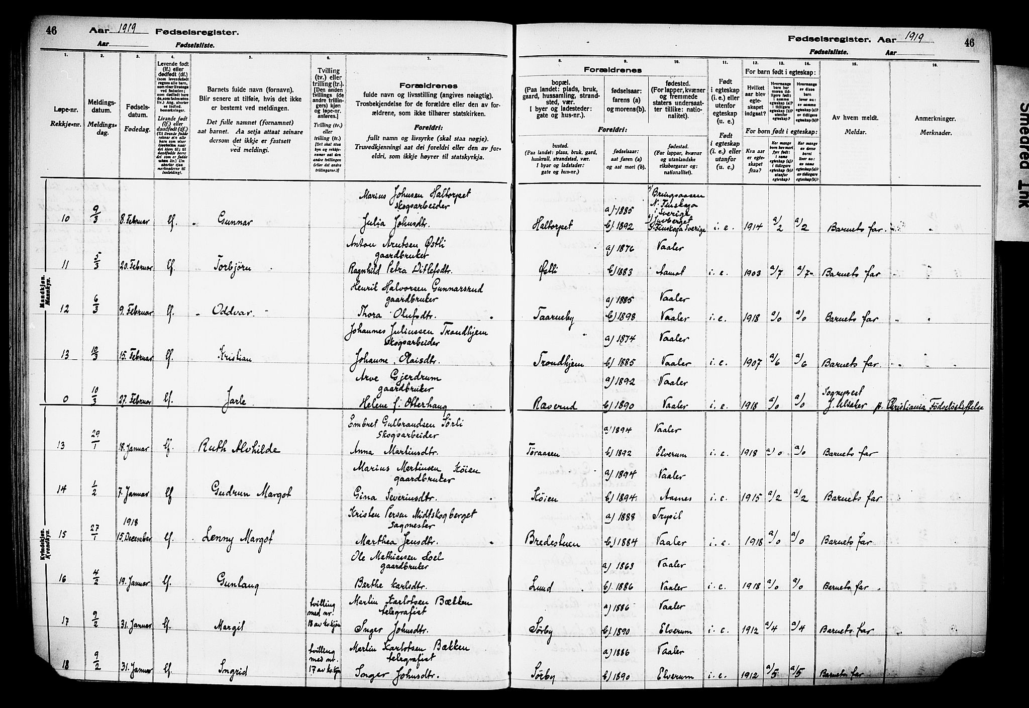 Våler prestekontor, Hedmark, AV/SAH-PREST-040/I/Id/L0001: Birth register no. 1, 1916-1930, p. 46