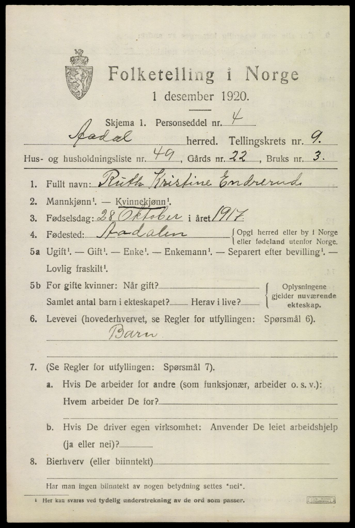 SAKO, 1920 census for Ådal, 1920, p. 6524