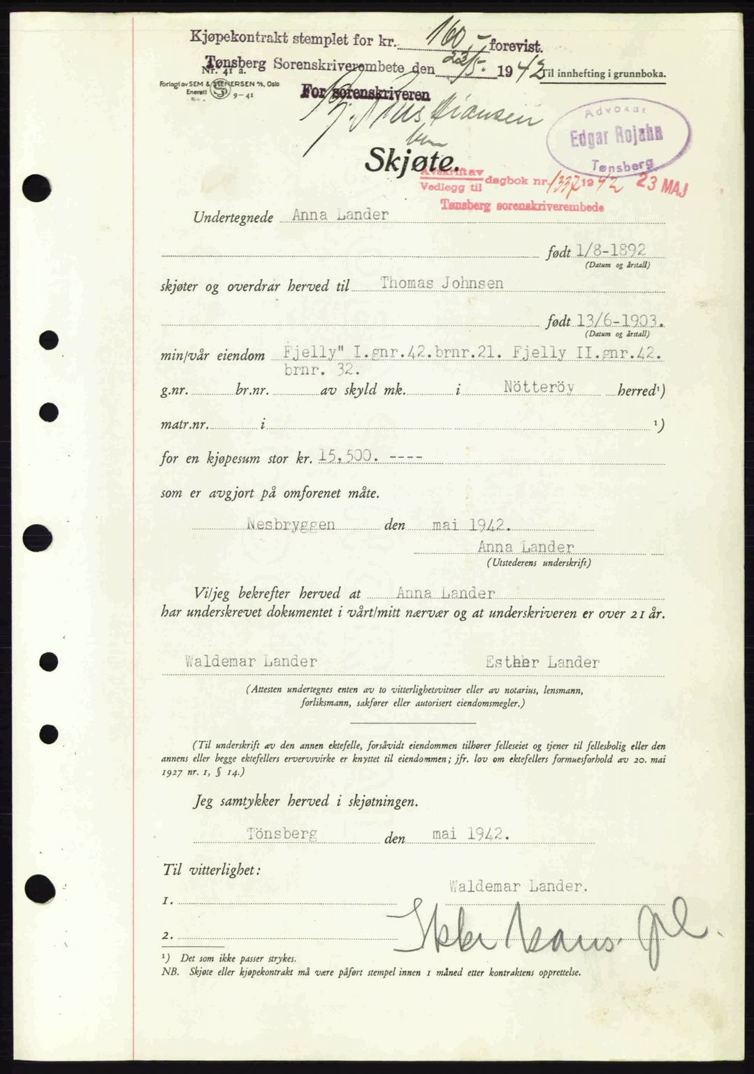 Tønsberg sorenskriveri, AV/SAKO-A-130/G/Ga/Gaa/L0011: Mortgage book no. A11, 1941-1942, Diary no: : 1337/1942