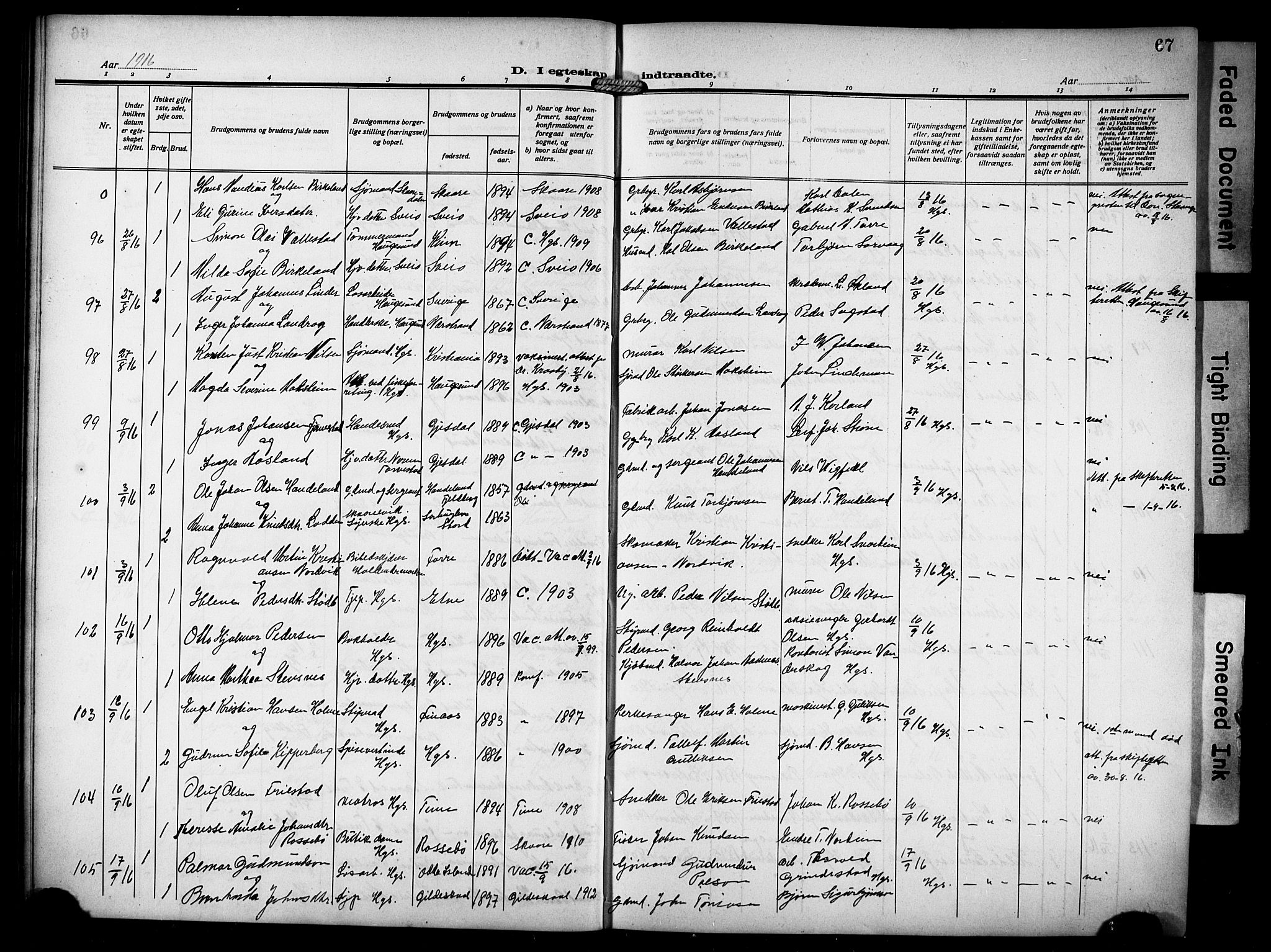 Haugesund sokneprestkontor, AV/SAST-A -101863/H/Ha/Hab/L0008: Parish register (copy) no. B 8, 1909-1921, p. 67